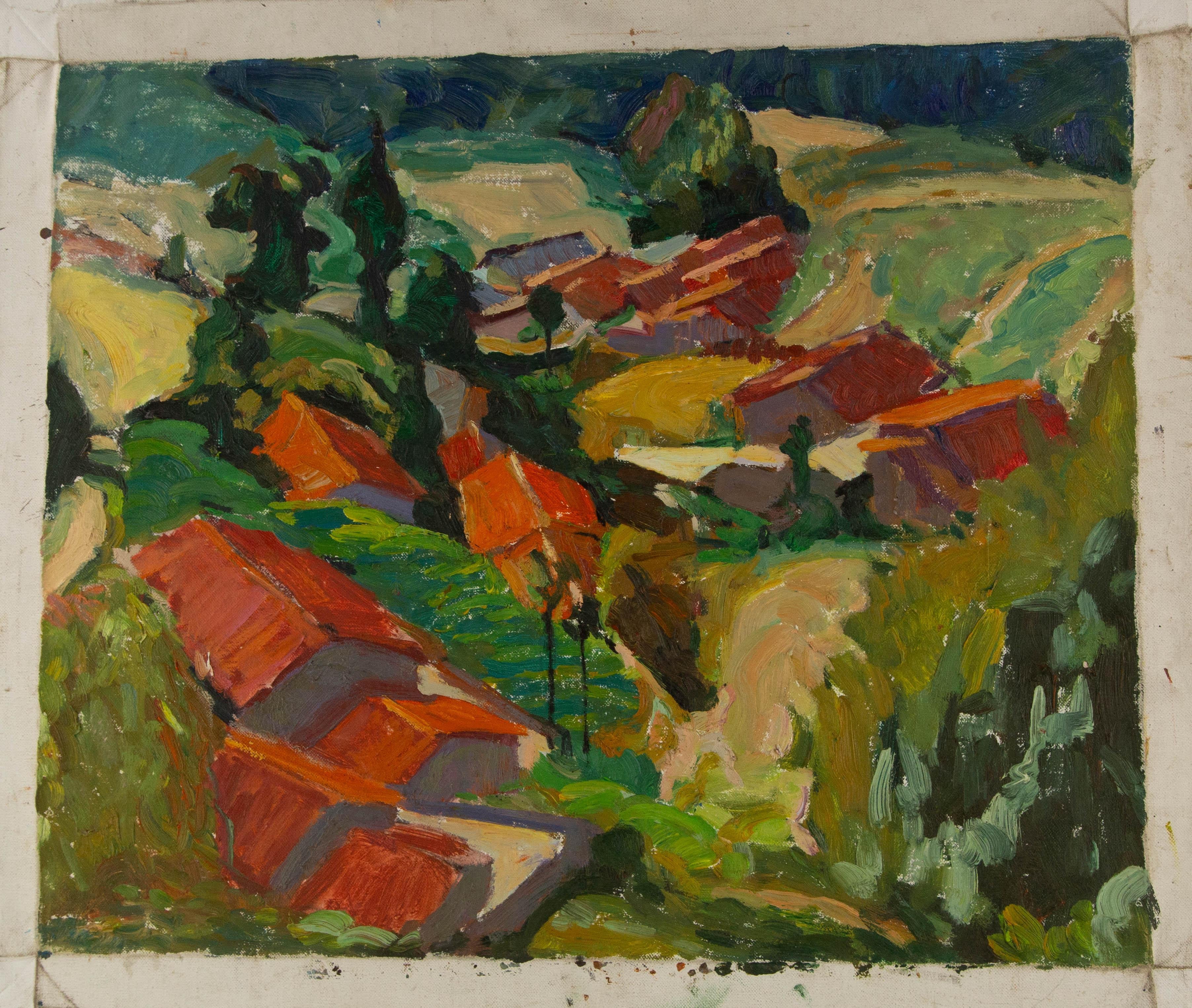 Huaxin Liu, peinture à l'huile originale abstraite « Maisons à sabot rouge » en vente 6