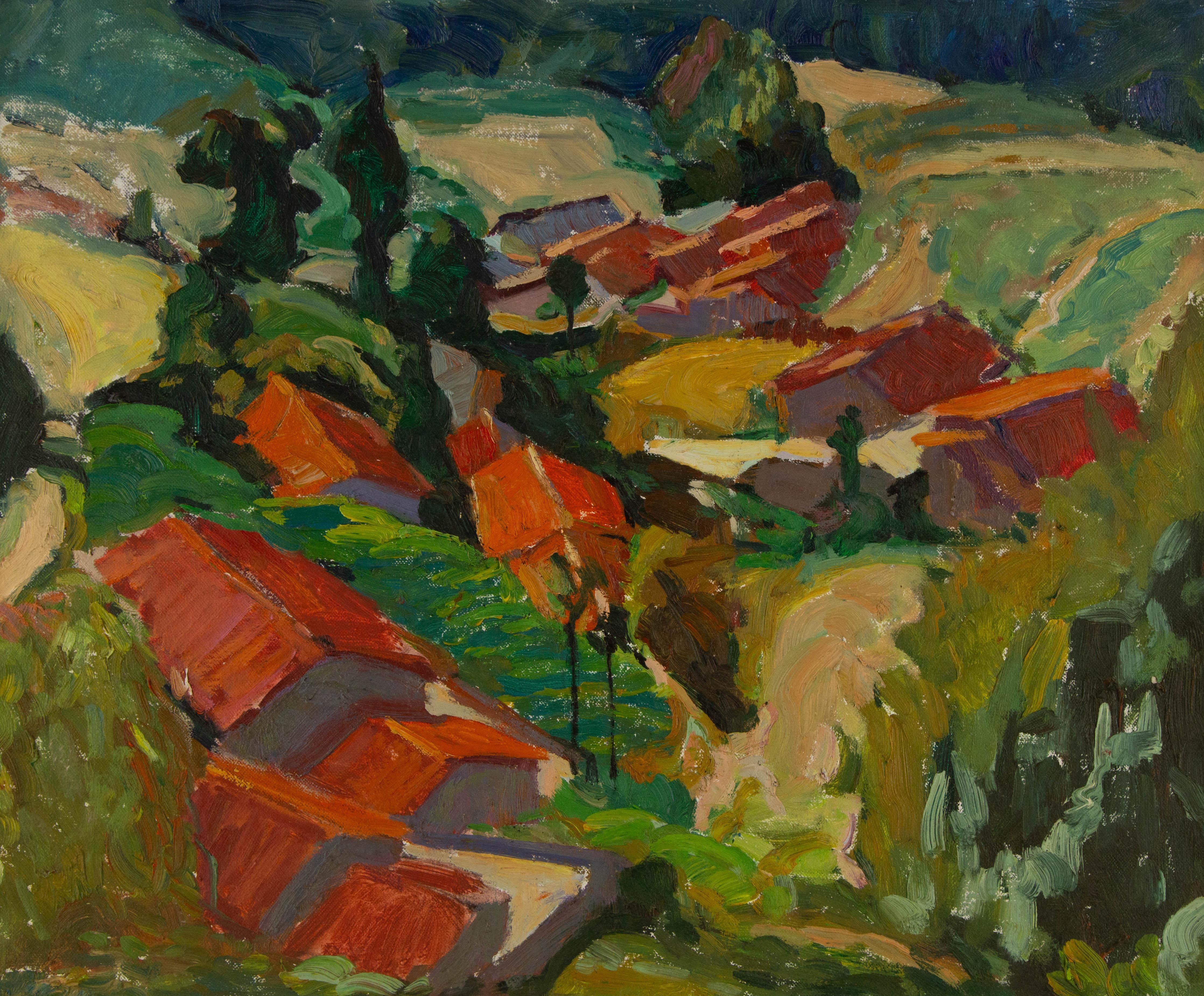   Titre : Maisons à toit rouge
 Médium : Huile sur toile
 Taille : 19 x 23 pouces
 Cadre : Options d'encadrement disponibles !
 Condit : Le tableau semble être en excellent état.
 Note : Cette peinture n'est pas tendue
 Année : 2000 CIRCA
 Artistics
