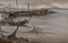 HuaYi Wang Paesaggio Olio Originale Su Tela "Porto della Domenica"