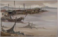 Huile sur toile originale du paysage HuaYi Wang « Sunday Port »