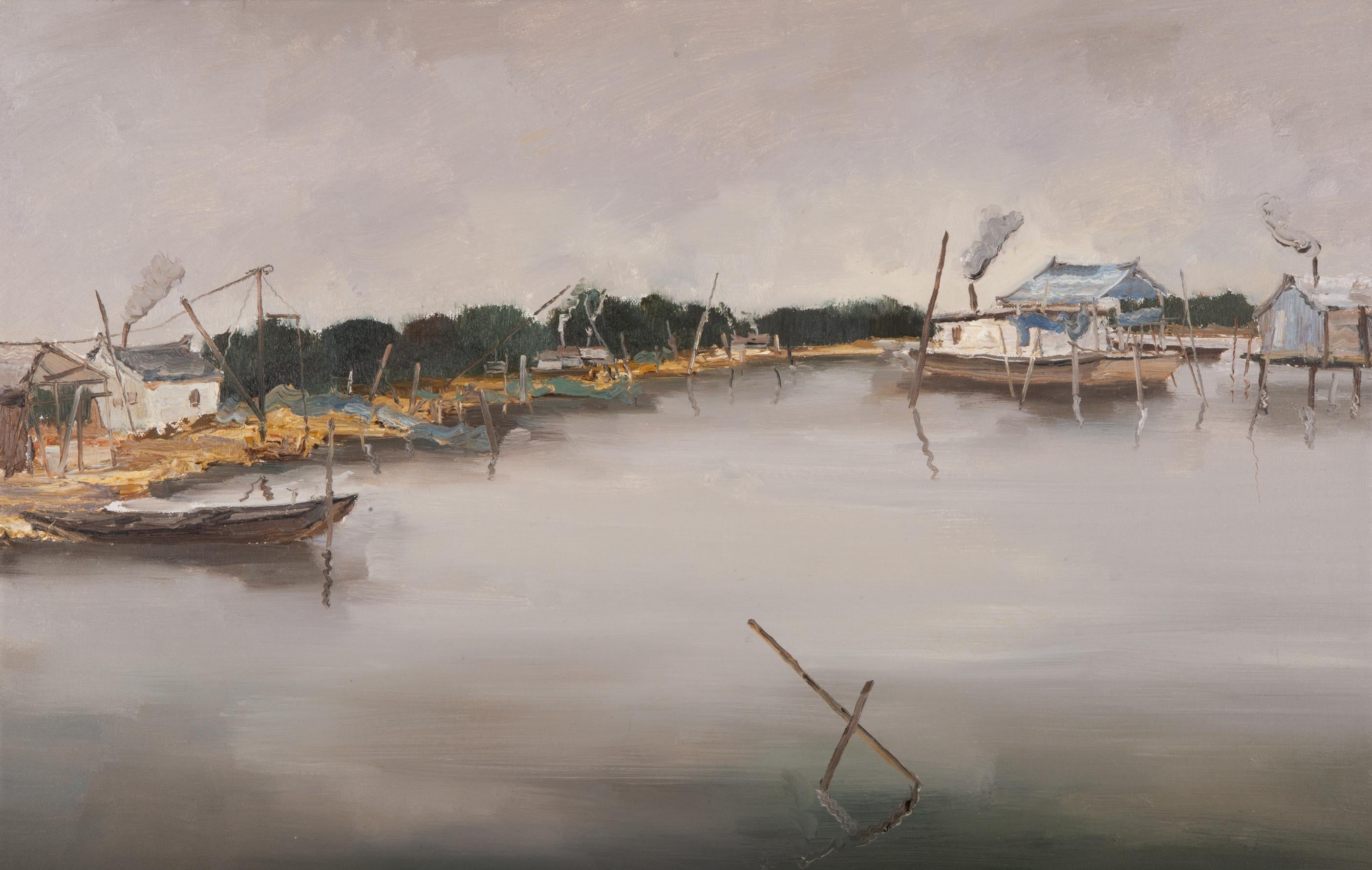 Title: Lake View
Medium: Oil on canvas
Size: 19 x 29.5 inches
Frame: Framing options available!
Condition: The painting appears to be in excellent condition.

Year: 2000 Circa
Artist: HuaYi Wang
Signature: Signed
Signature Location: Bottom