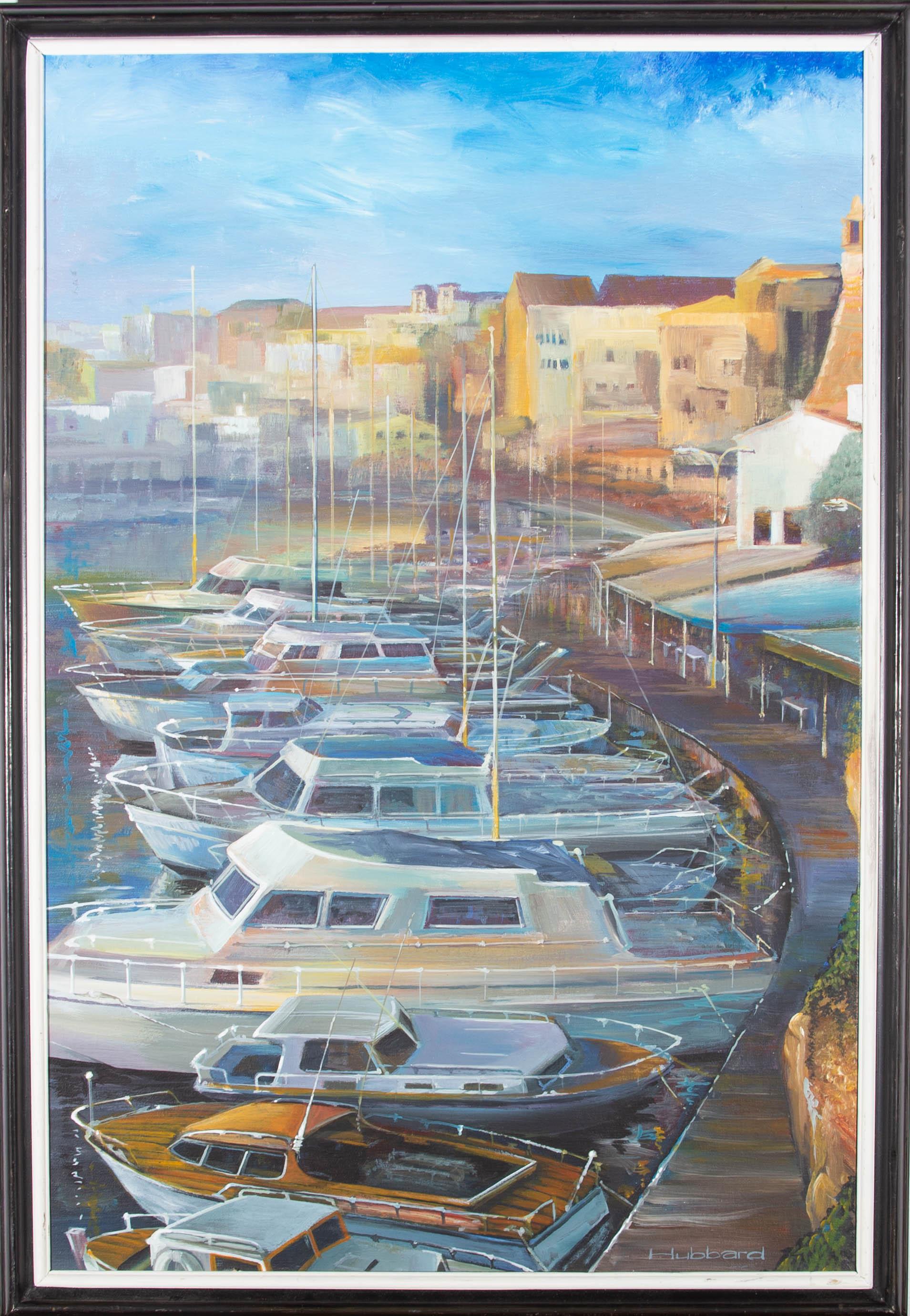 A fine 20th Century harbour scene in acrylic, showing small yachts at anchor in a quiet harbour. The artist has signed to the lower right corner and the painting has been presented in a simple black frame with white inner window. On canvas board.