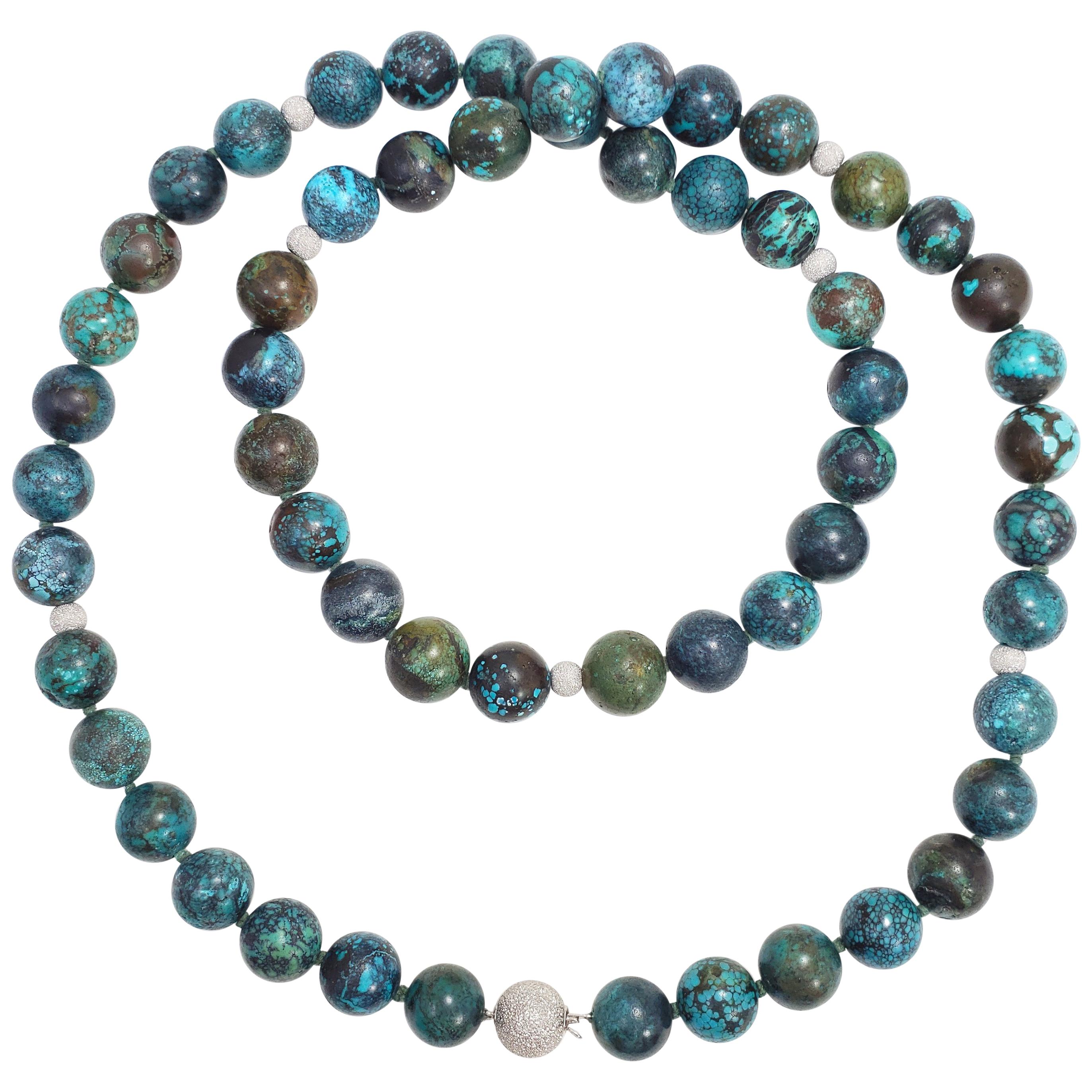 Hubei Turquoise Bead Necklace with 14 Karat White Gold Clasp and Accents