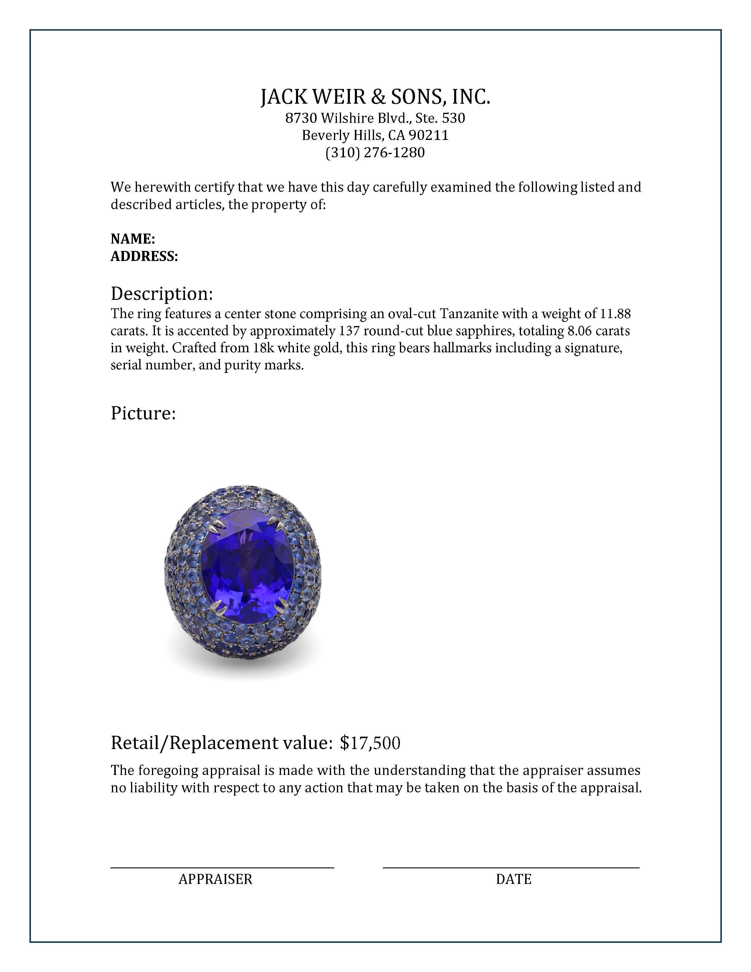 Hubert 11,88 Karat Tansanit Saphir Weißgold Cocktail-Ring im Zustand „Hervorragend“ in Beverly Hills, CA