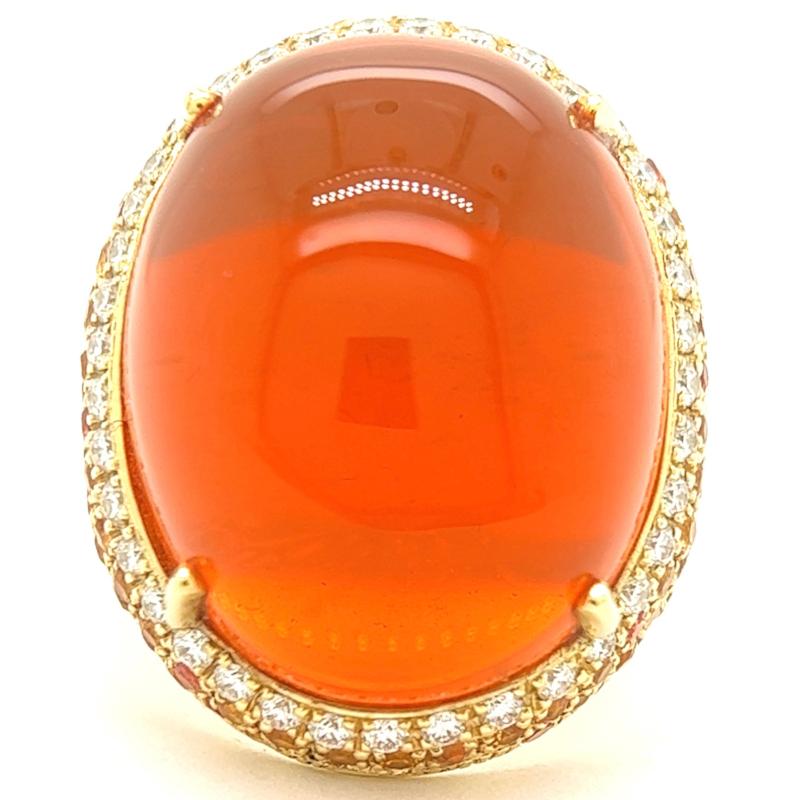 Women's or Men's Hubert 27.20 Carat Fire Opal Diamond Sapphire 18 Karat Yellow Gold Cocktail Ring