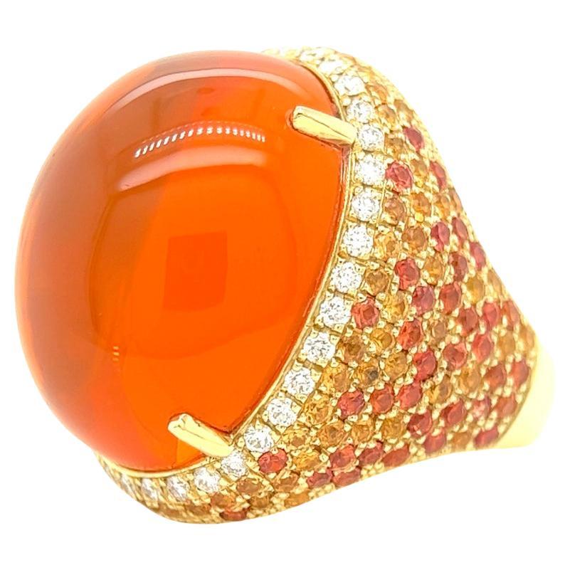 Hubert 27.20 Carat Fire Opal Diamond Sapphire 18 Karat Yellow Gold Cocktail Ring