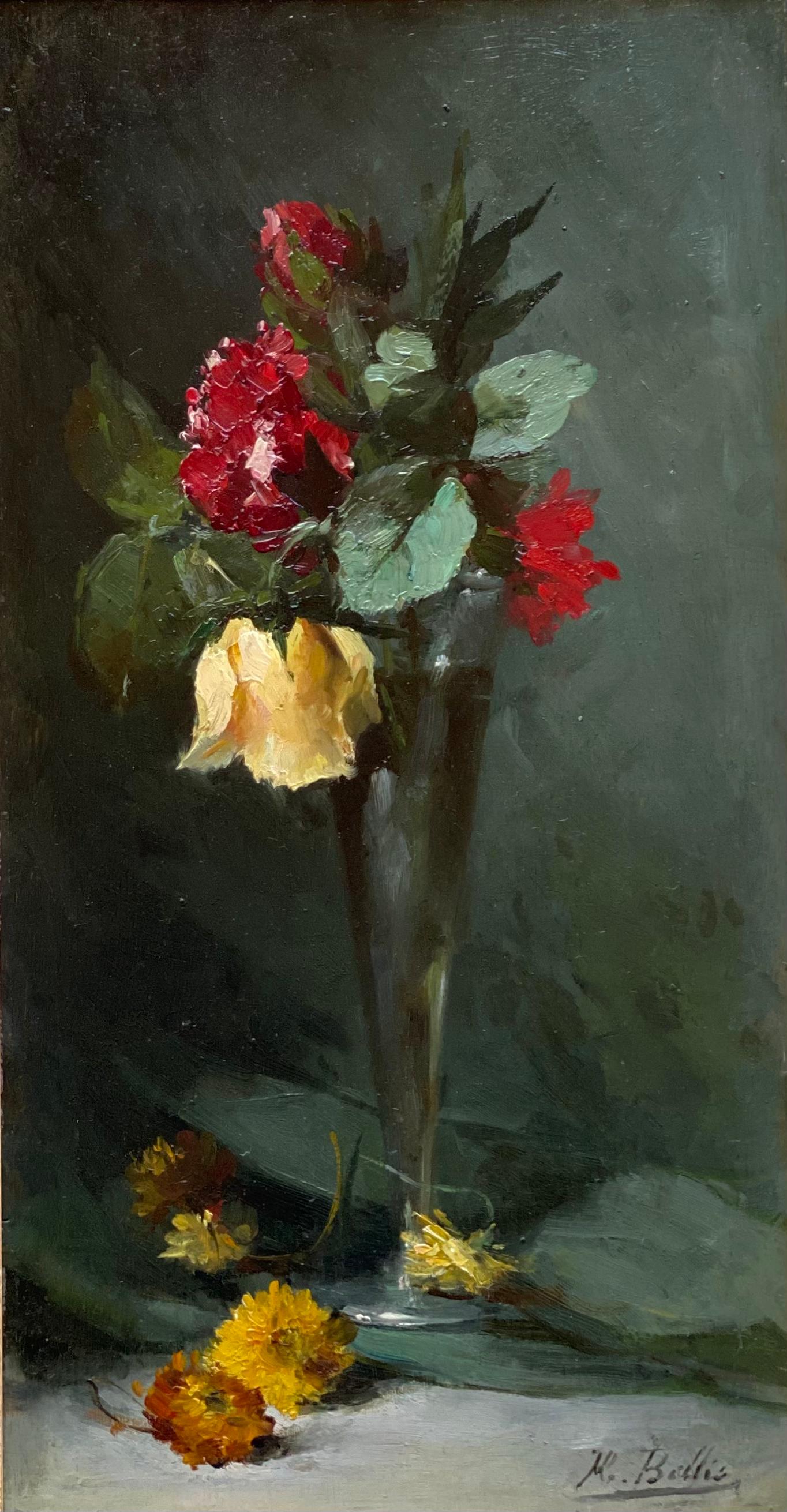   Hubert Bellis, Brussels 1831 – 1902, Belgian Painter, 'Red and Yellow Roses' - Painting by HUBERT BELLIS