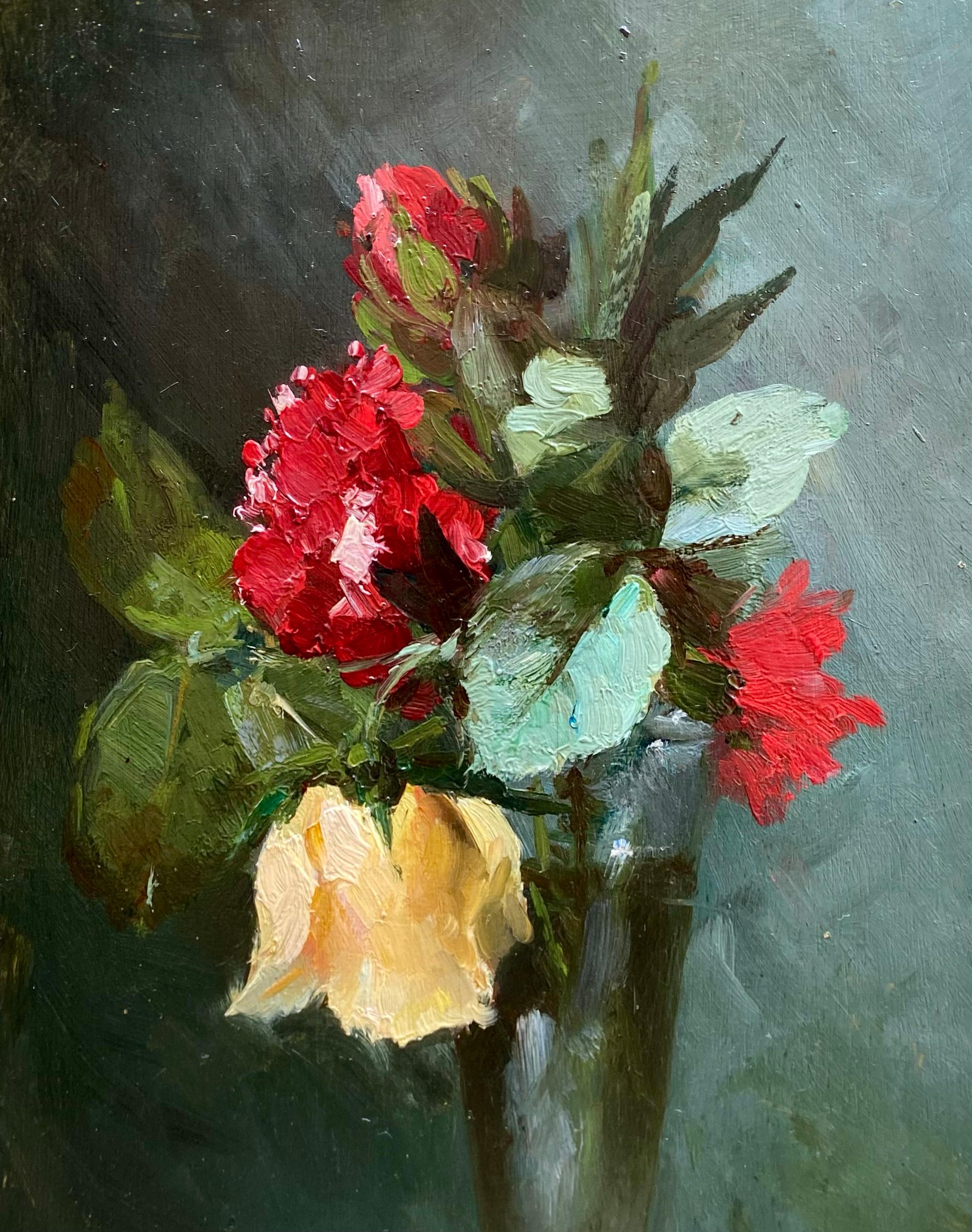 'Red and Yellow Roses' by Hubert Bellis ( 1831 - Brussel - 1902), Belgian - Impressionist Painting by HUBERT BELLIS