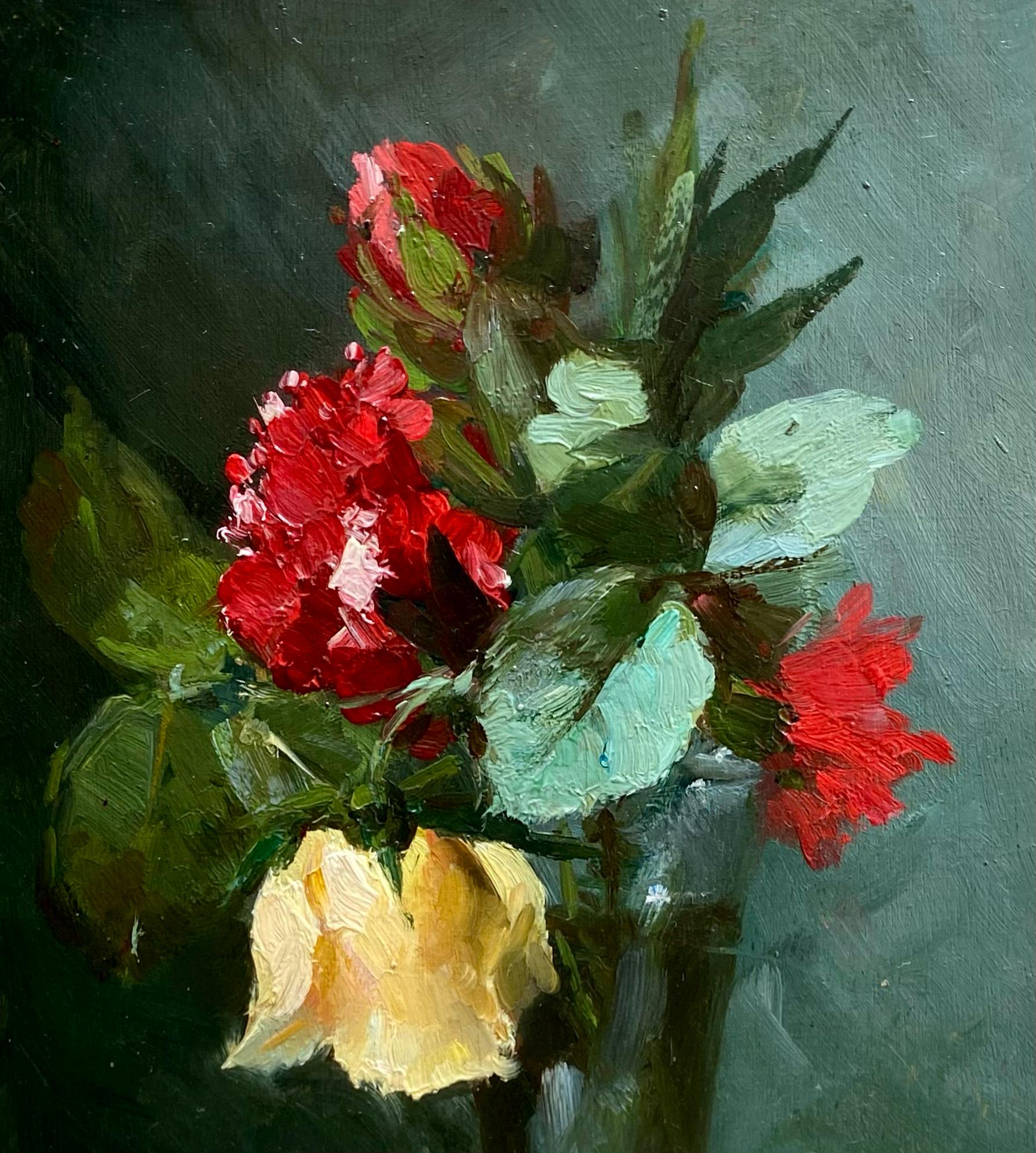 'Red and Yellow Roses' by Hubert Bellis ( 1831 - Brussel - 1902), Belgian - Beige Figurative Painting by HUBERT BELLIS