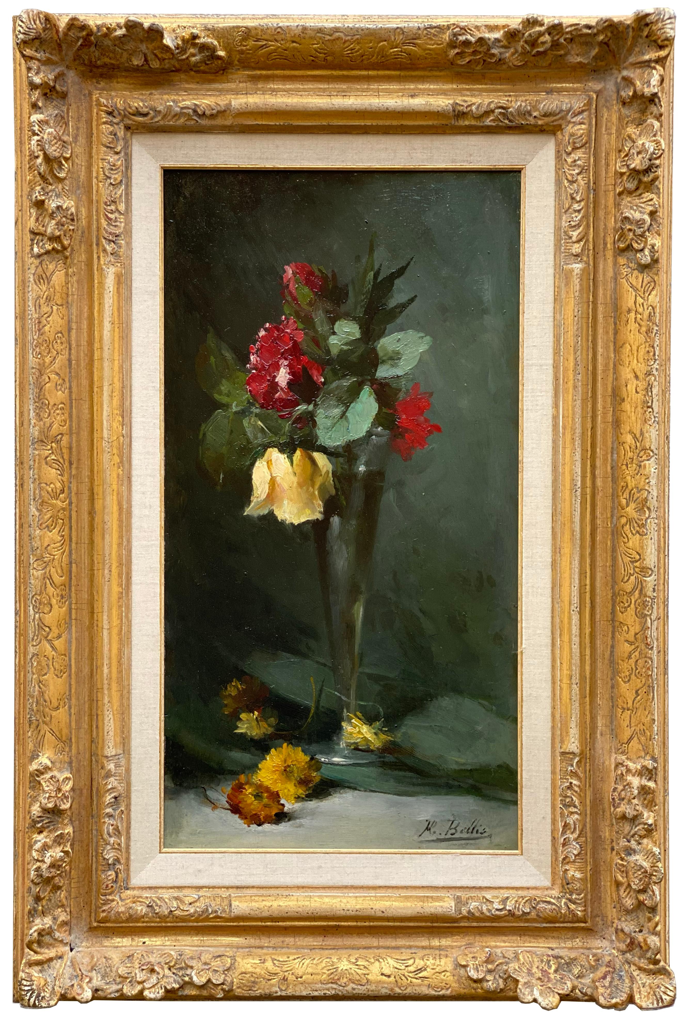HUBERT BELLIS Figurative Painting –   Hubert Bellis, Brüssel 1831 - 1902, belgischer Maler, "Rote und gelbe Rosen".