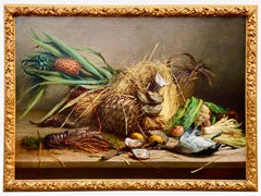Antique ‘Still Life with Lobster, Oysters and Duck’ by Hubert Bellis, 1831 - 1902