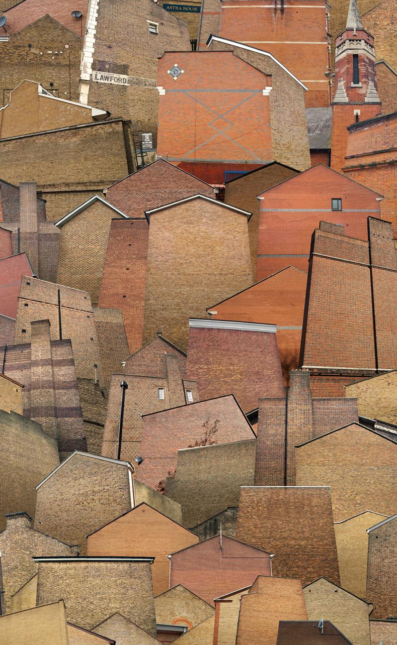 Home Seekers 10 - 21st Century Color Architectural Brick Photography London UK - Brown Landscape Photograph by Hubert Blanz