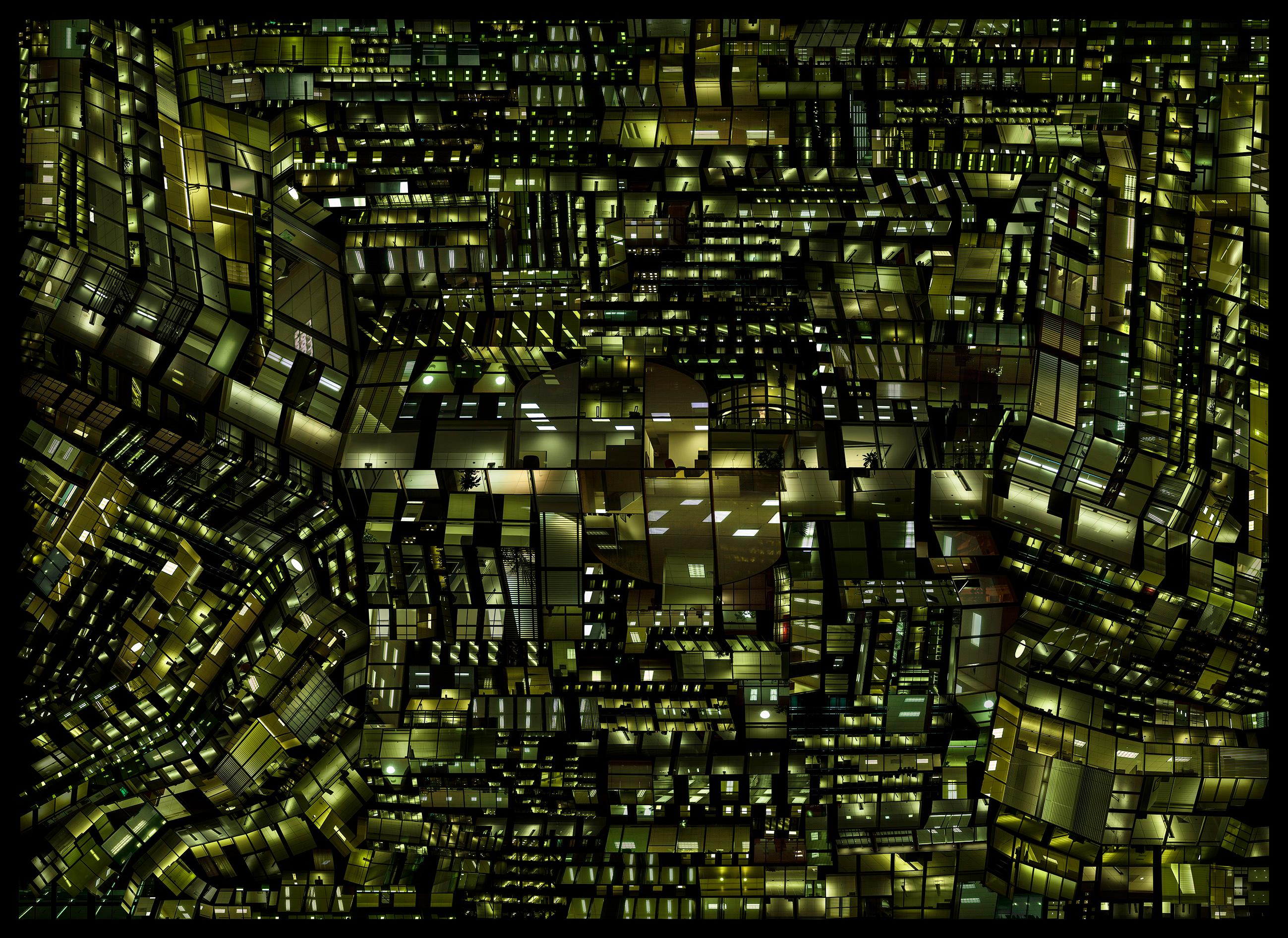 Hubert Blanz Landscape Photograph – Urban Codes 05 – Zeitgenössische abstrakte Architektur-Stadtfotografie von Nacht
