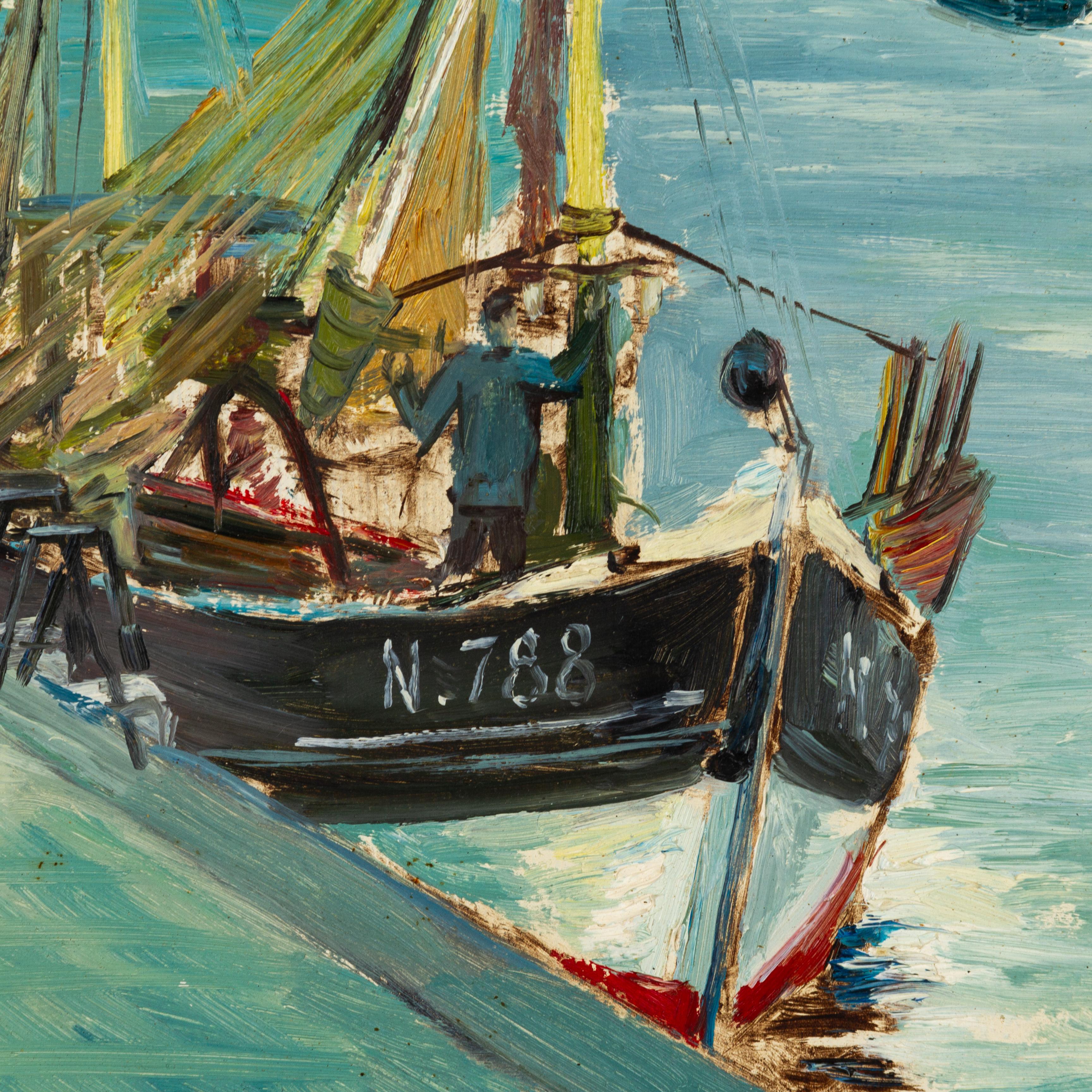 Hubert Borguet Belgian Oil Painting Signed Canal Boats In Good Condition For Sale In Nottingham, GB