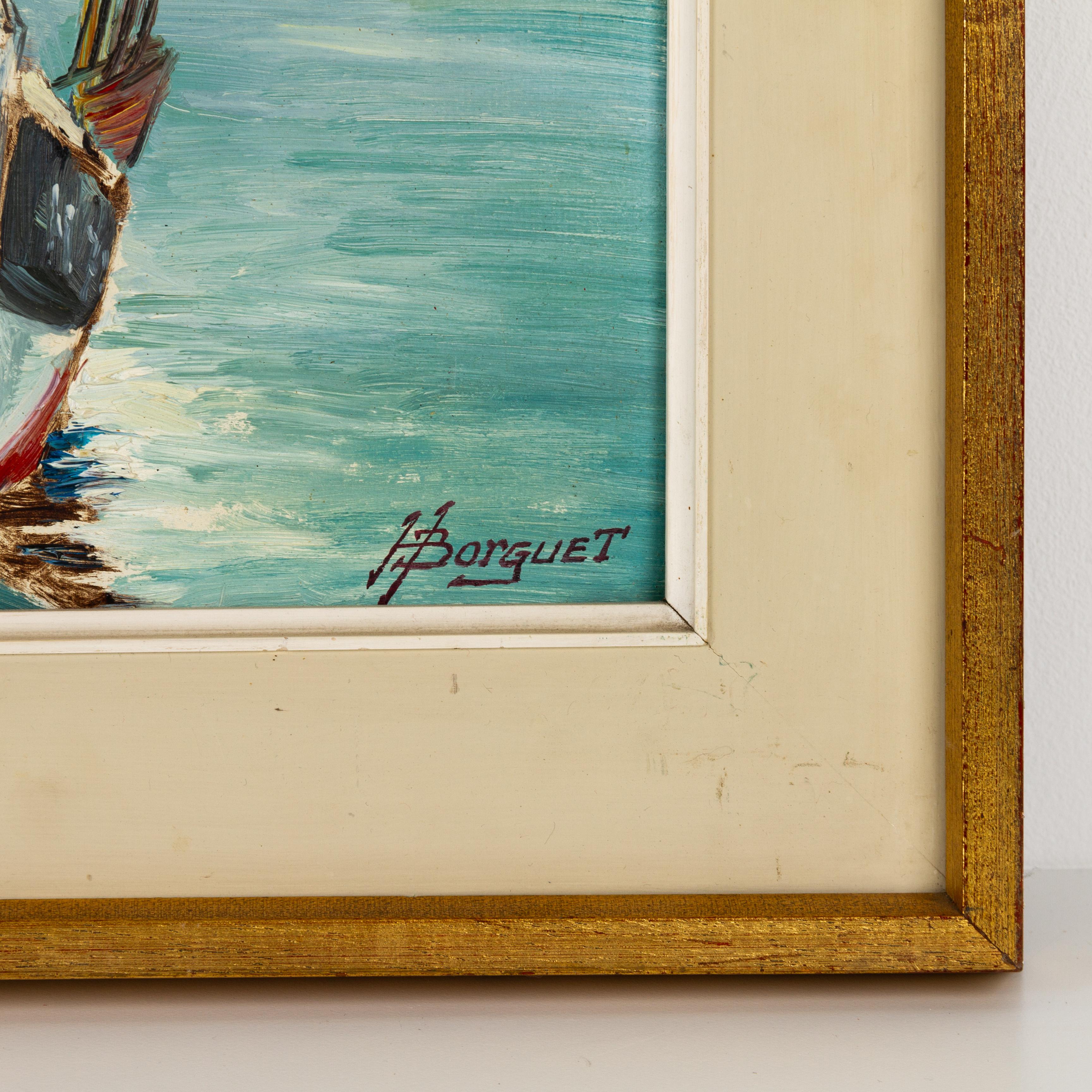 20th Century Hubert Borguet Belgian Oil Painting Signed Canal Boats For Sale