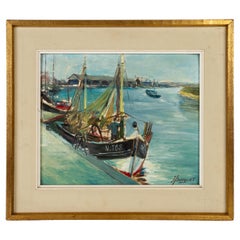 Vintage Hubert Borguet Belgian Oil Painting Signed Canal Boats