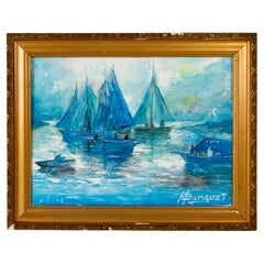 Hubert Borguet Belgian Oil Painting Signed Moonlit Fishing Boats