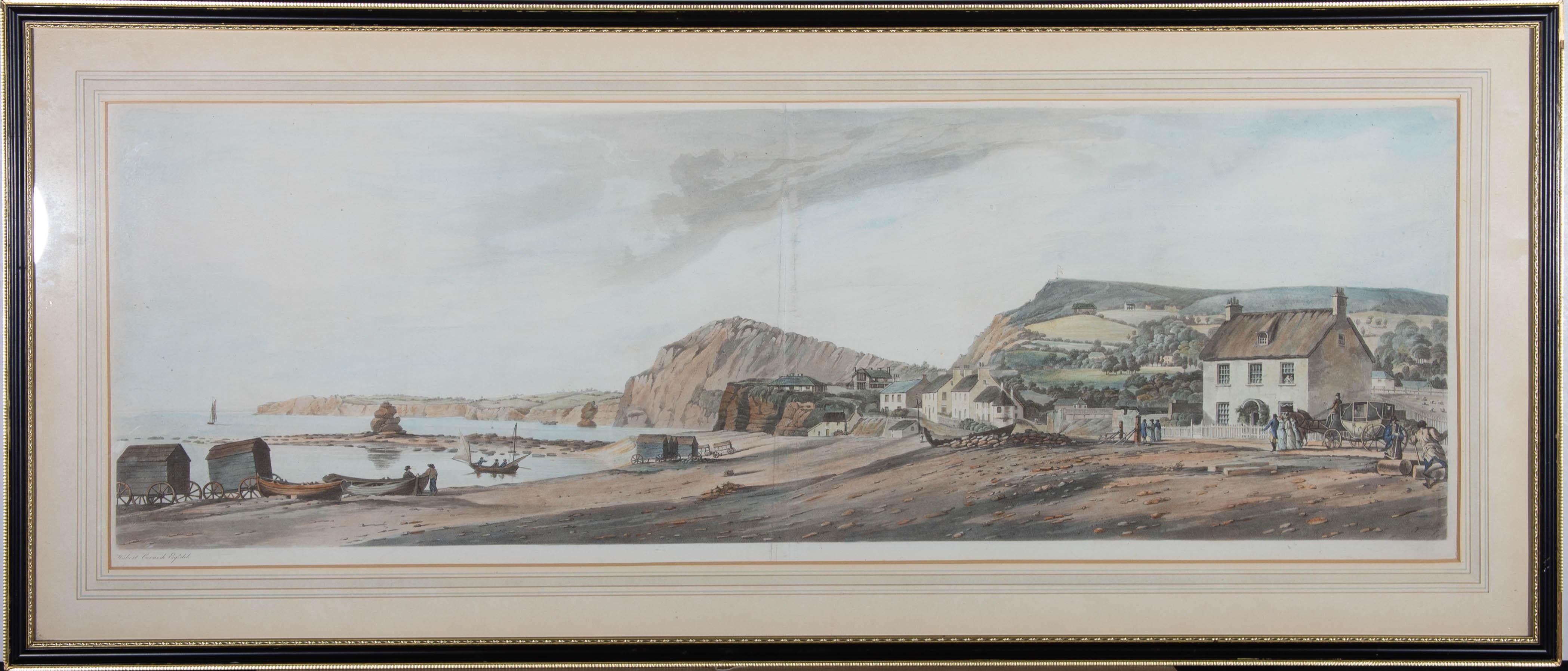 This charming aquatint depicts the coast of Sidmouth, Devon in fine detail. Fishing boats and trailers line the shore while finely dressed people travel along the road. Signed to the lower right. Well presented in a Hogarth style frame. On wove.
