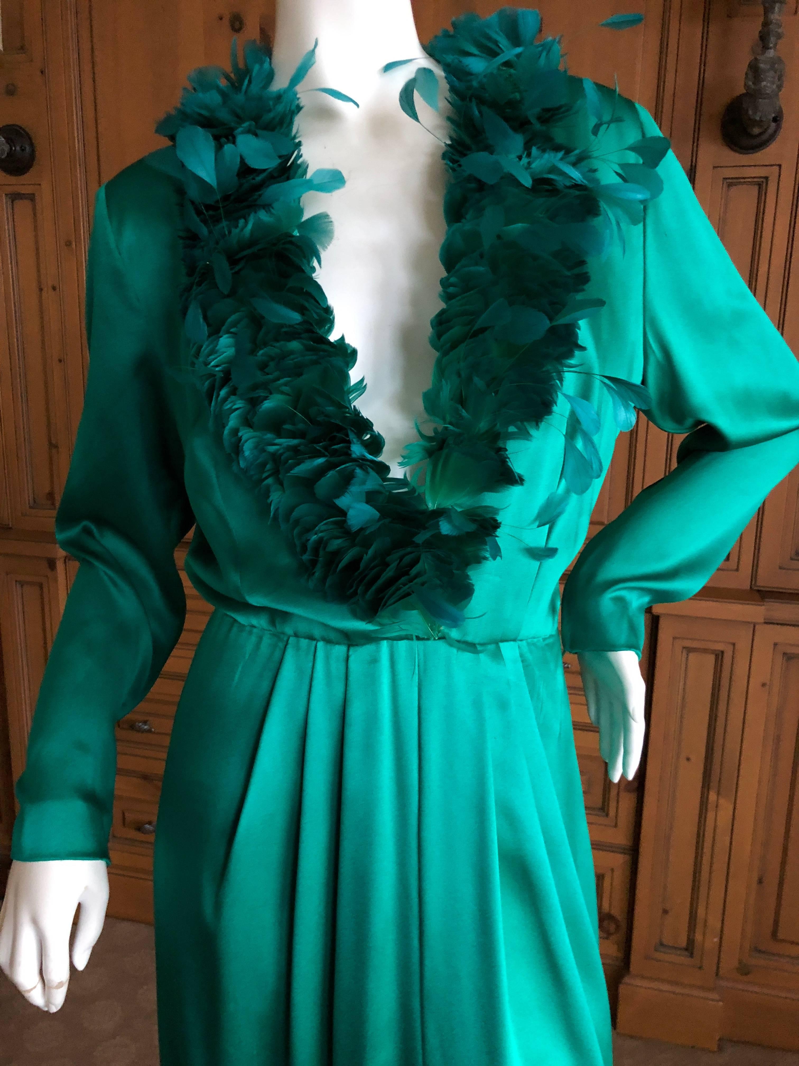 Hubert de Givenchy '70's Emerald Green Silk Evening Dress Maison Lemaire Feather 6