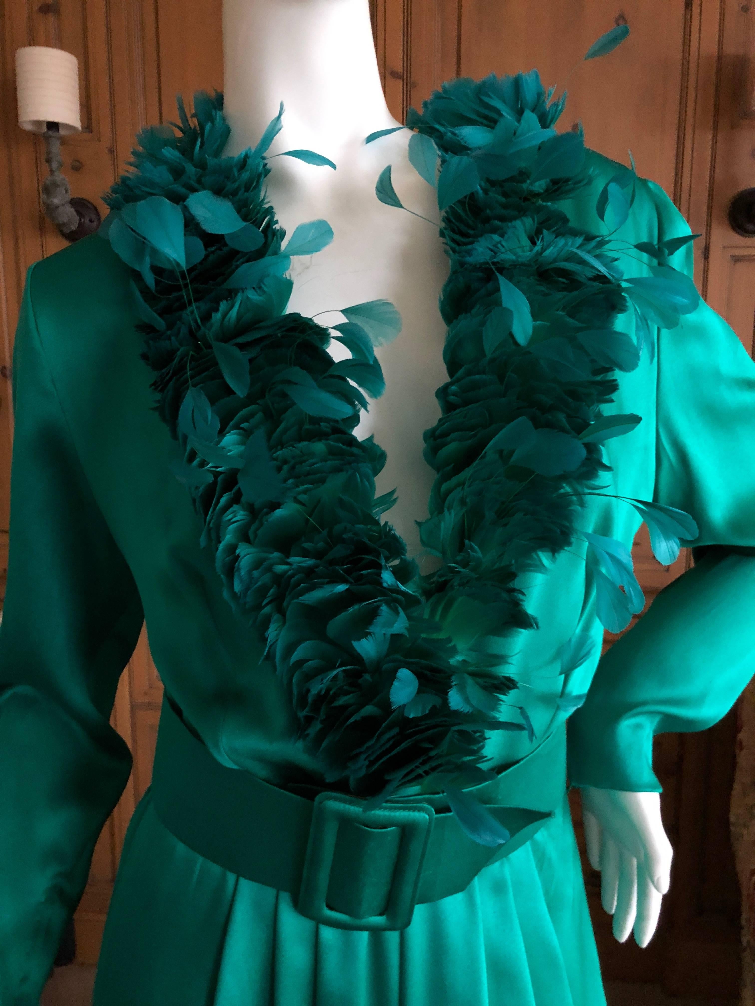 Hubert de Givenchy '70's Emerald Green Silk Evening Dress Maison Lemaire Feather In Excellent Condition In Cloverdale, CA