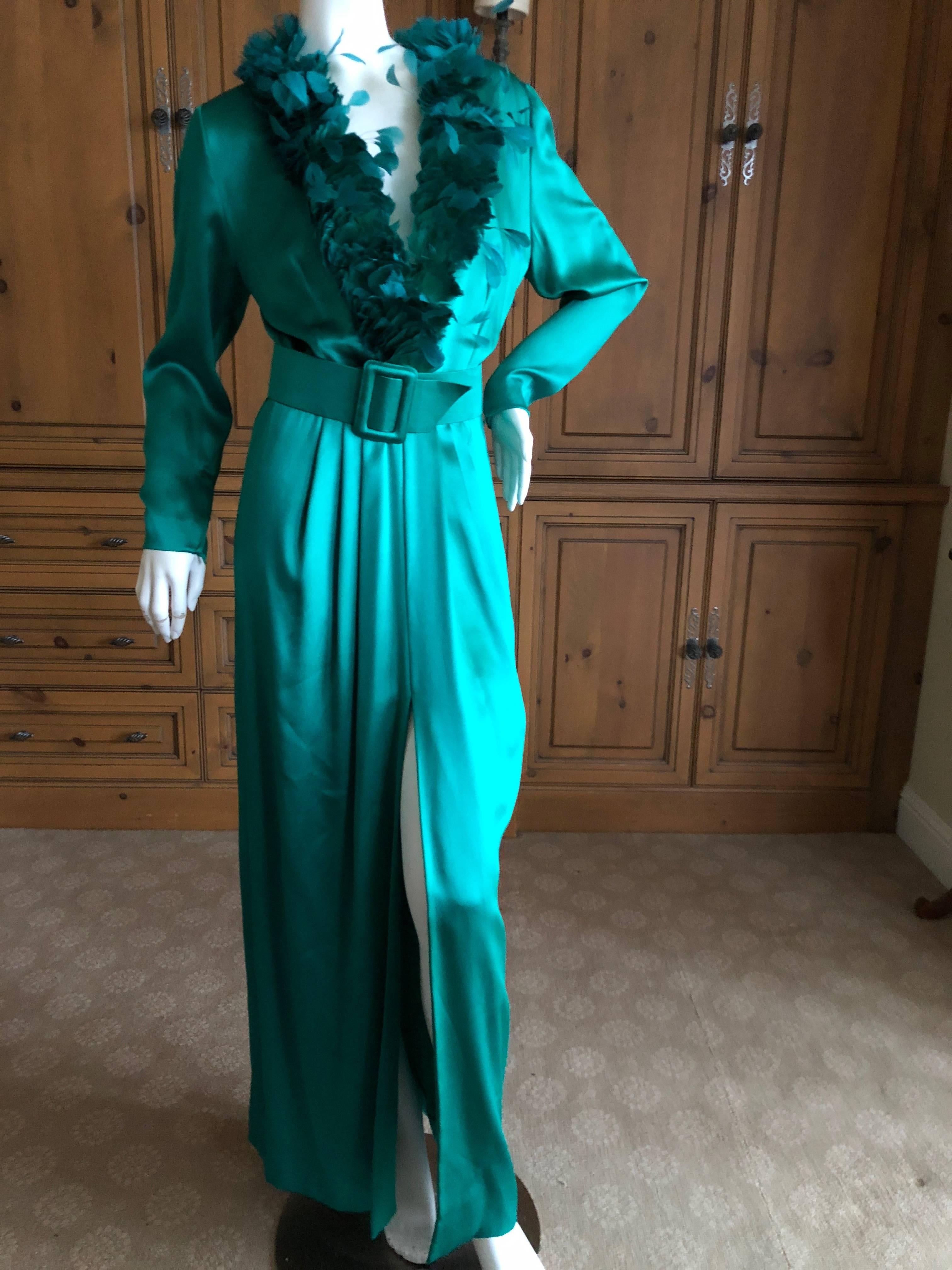 Hubert de Givenchy '70's Emerald Green Silk Evening Dress Maison Lemaire Feather 1