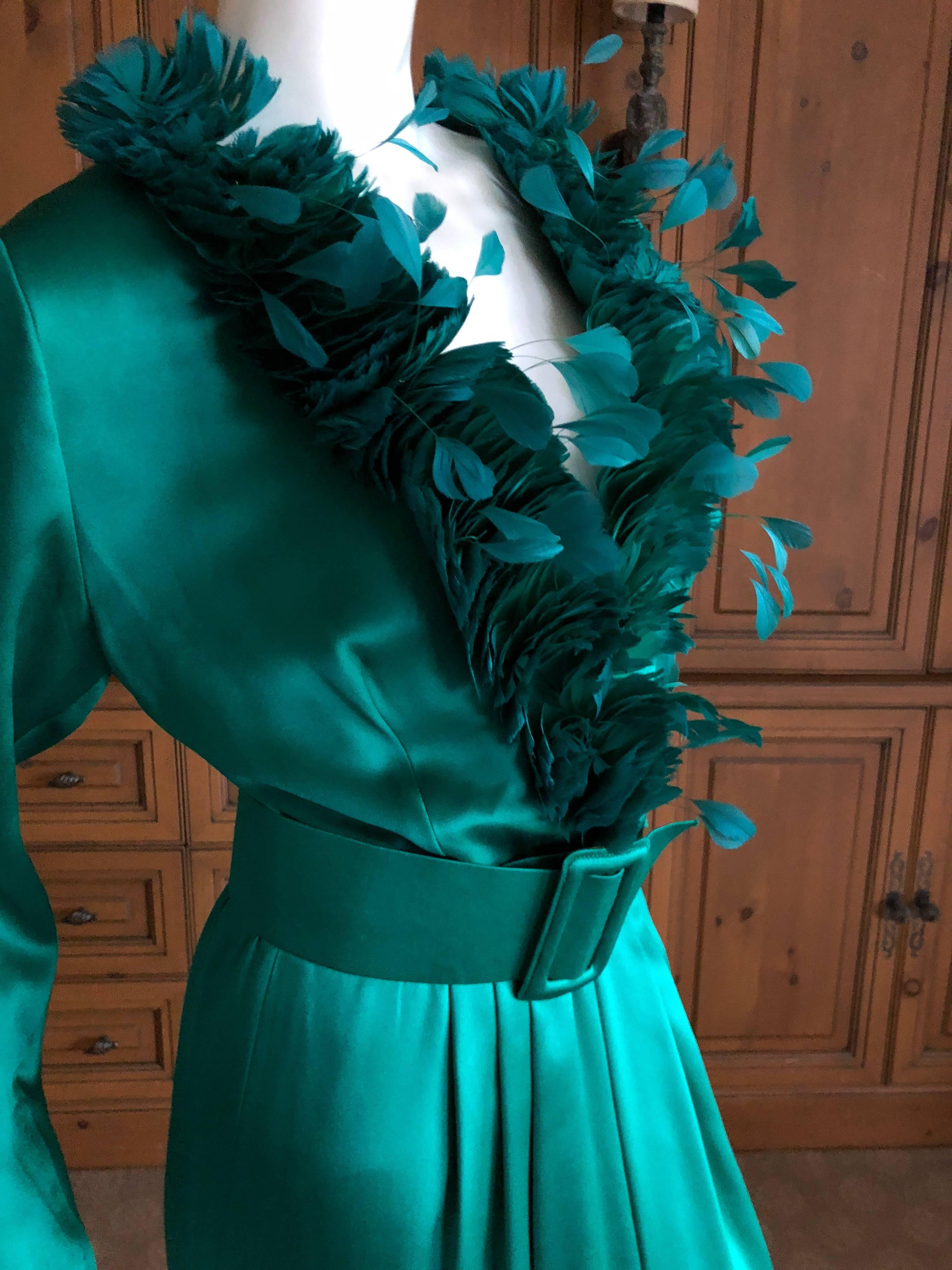 Hubert de Givenchy '70's Emerald Green Silk Evening Dress Maison Lemaire Feather 4