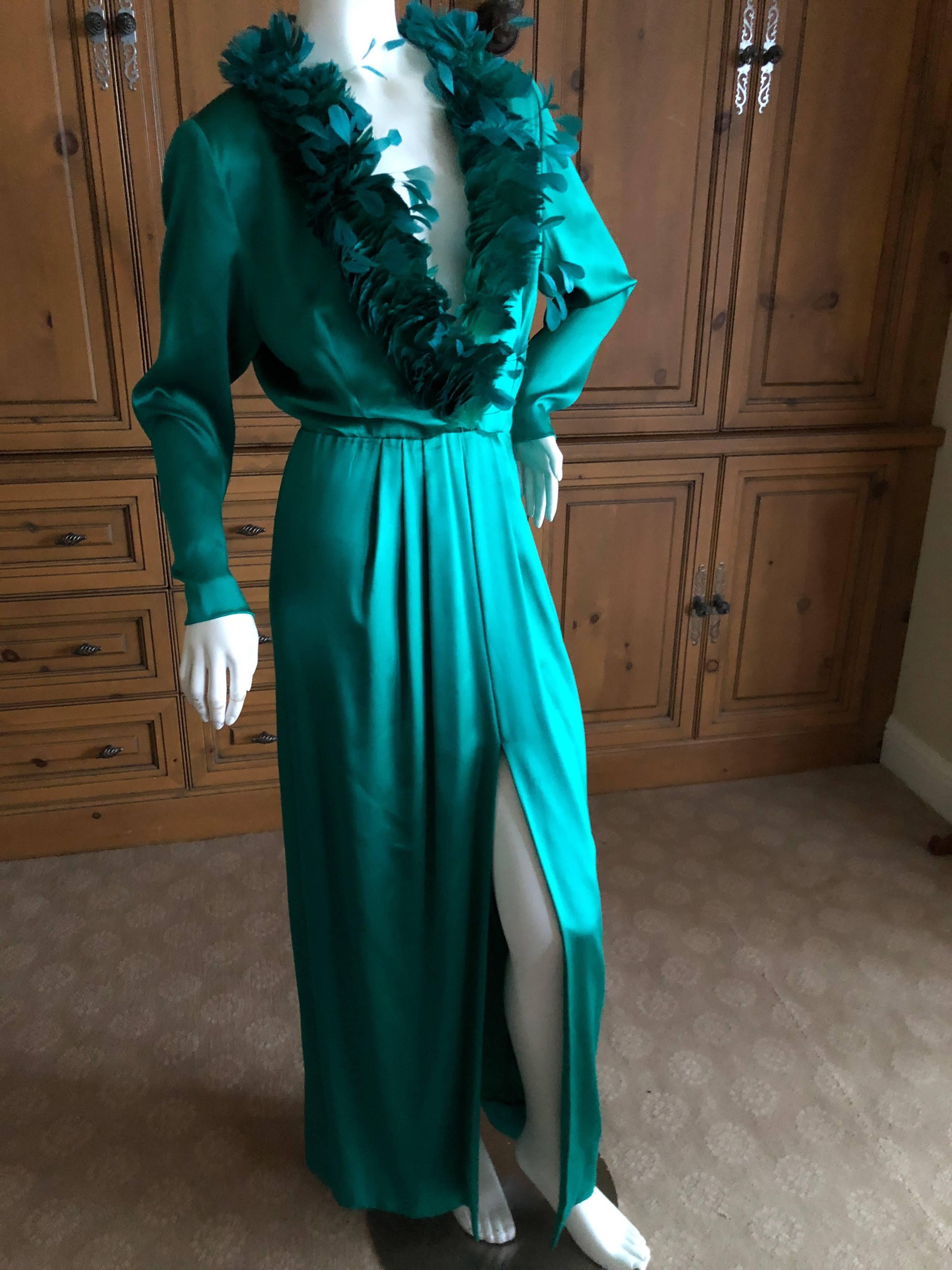 Hubert de Givenchy '70's Emerald Green Silk Evening Dress Maison Lemaire Feather 5