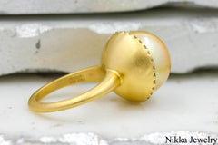 HUBERT Natural Large Golden South Sea Pearl Yellow Gold Diamond Cocktail Ring