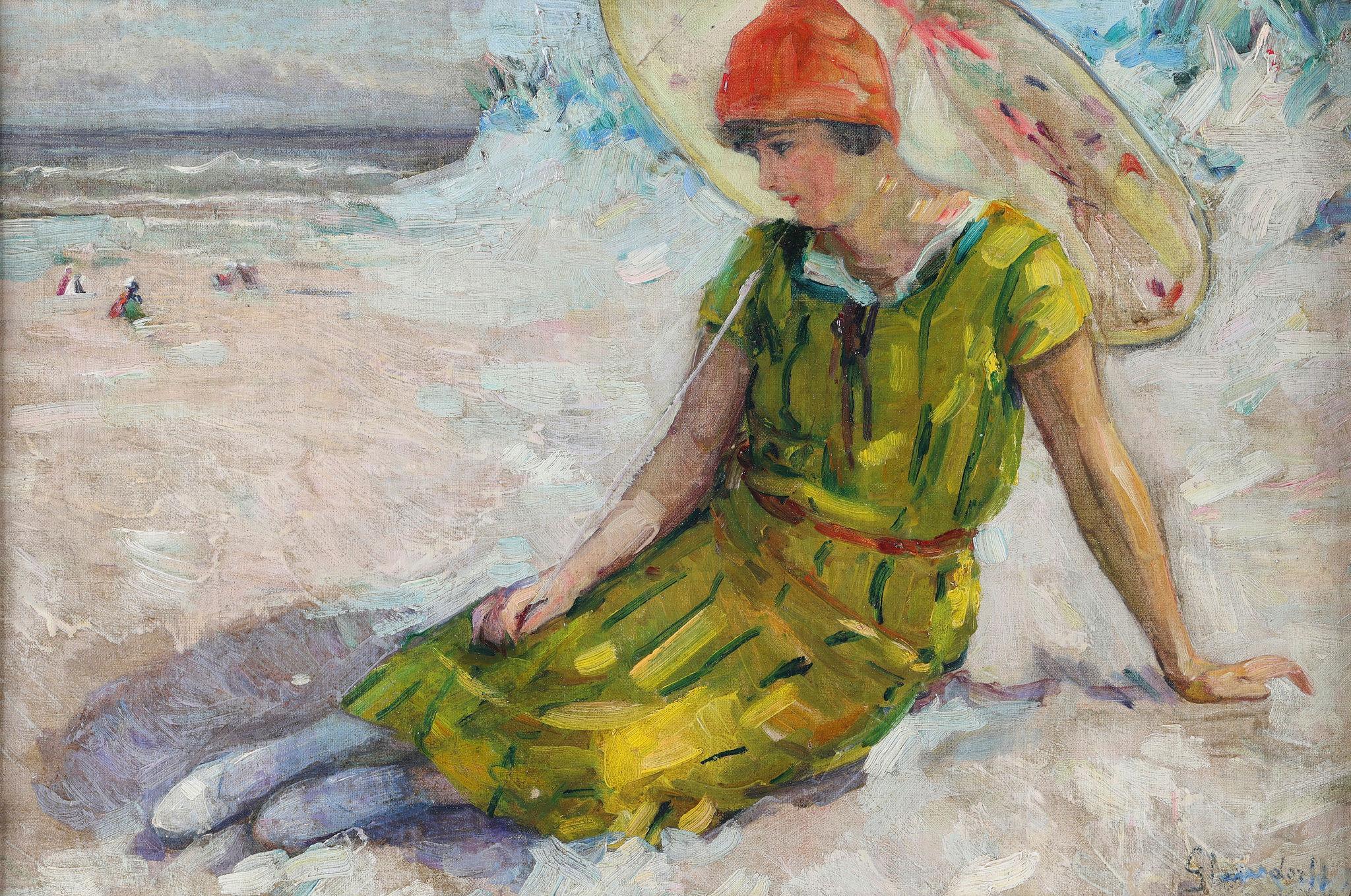 Eine Dame mit einem Parasol am Strand. Öl auf Leinwand – Painting von Hubert Glansdorff