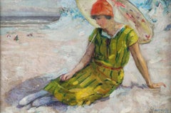 A Lady with a Parasol at the Beach. Oil on Canvas