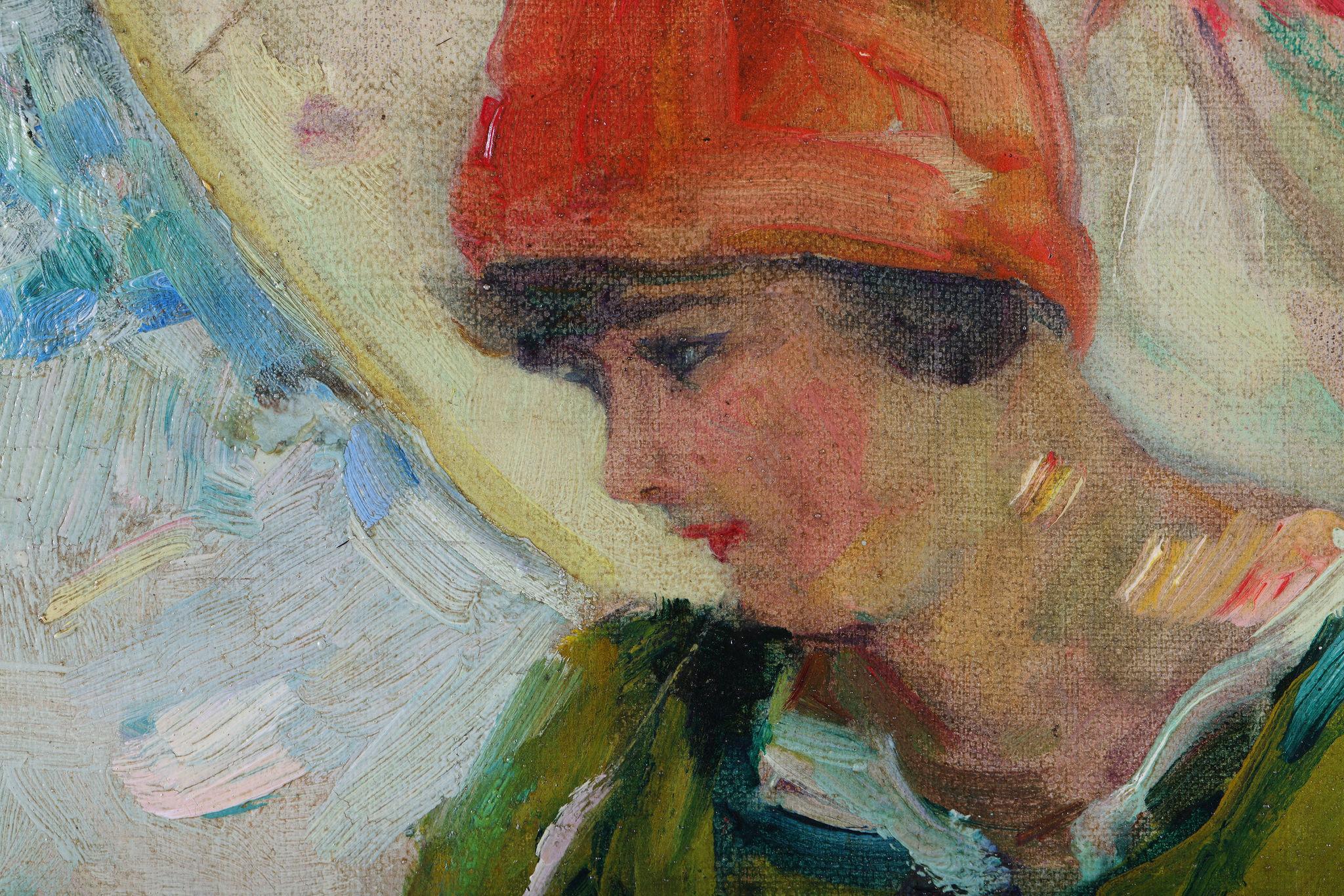 Eine Dame mit einem Parasol am Strand. Öl auf Leinwand (Expressionismus), Painting, von Hubert Glansdorff