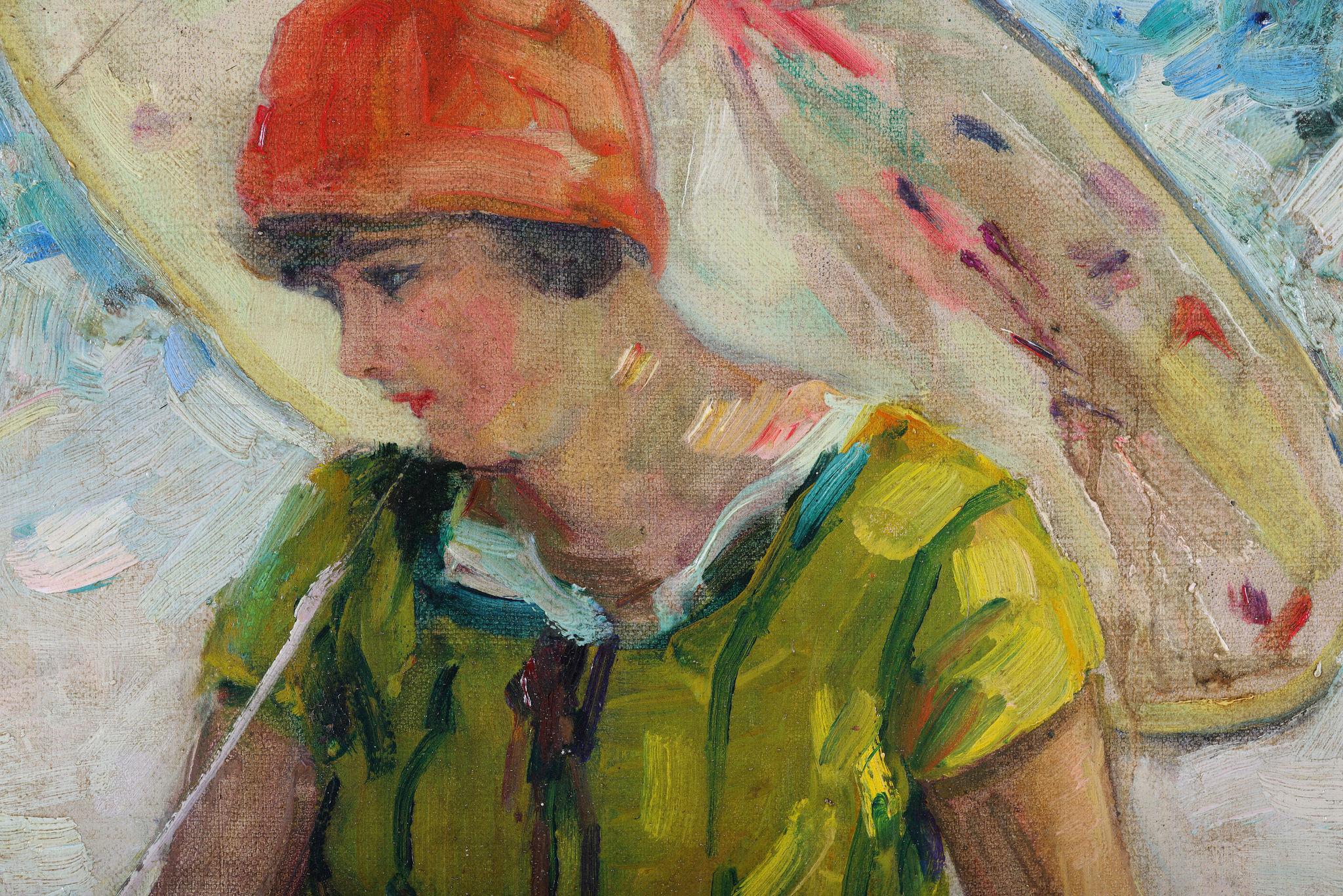 Eine Dame mit einem Parasol am Strand. Öl auf Leinwand (Braun), Landscape Painting, von Hubert Glansdorff