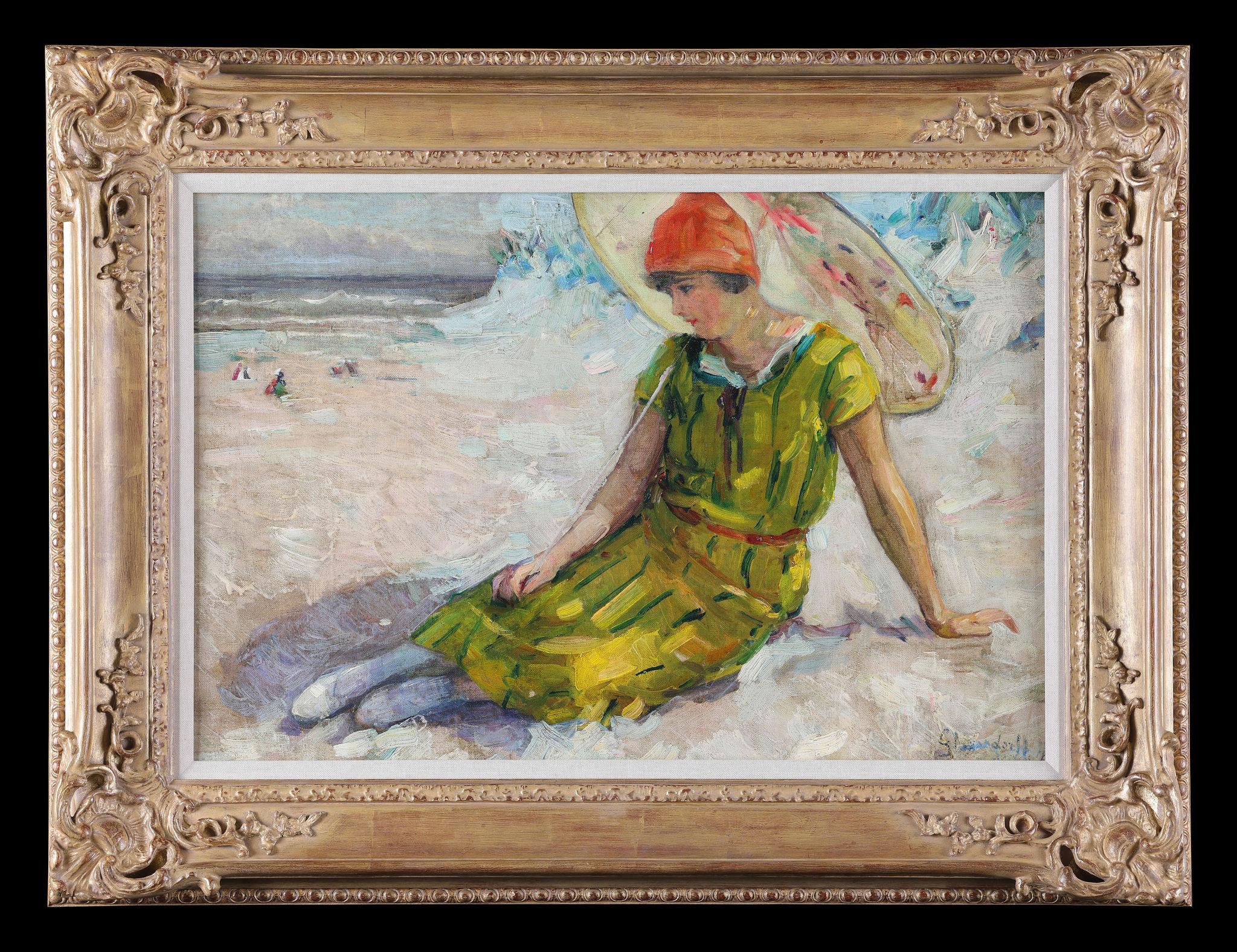 Eine Dame mit einem Parasol am Strand. Öl auf Leinwand