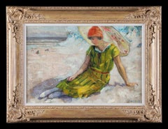 Una Dama con Sombrilla en la Playa. Óleo sobre lienzo