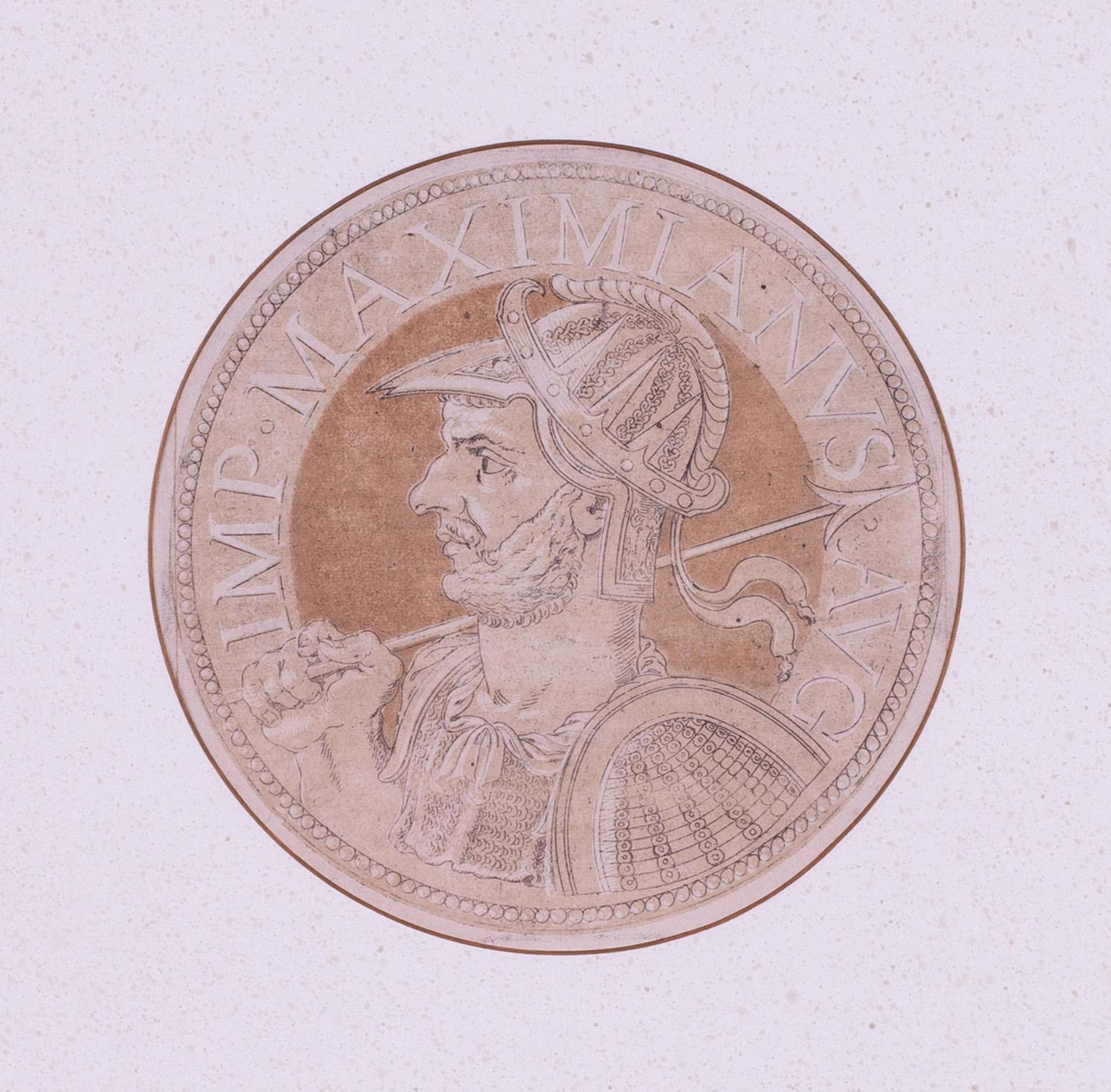 Quatre portraits sur bois à médaillon en clair-obscurité représentant des empereurs dans des tons sépia, vers 1557 - Maîtres anciens Print par Hubert Goltzius