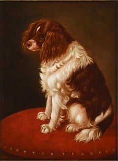 Antique Dog Portrait "Cavalier King Charles on a Cushion" Hubert Henrard ca 1860