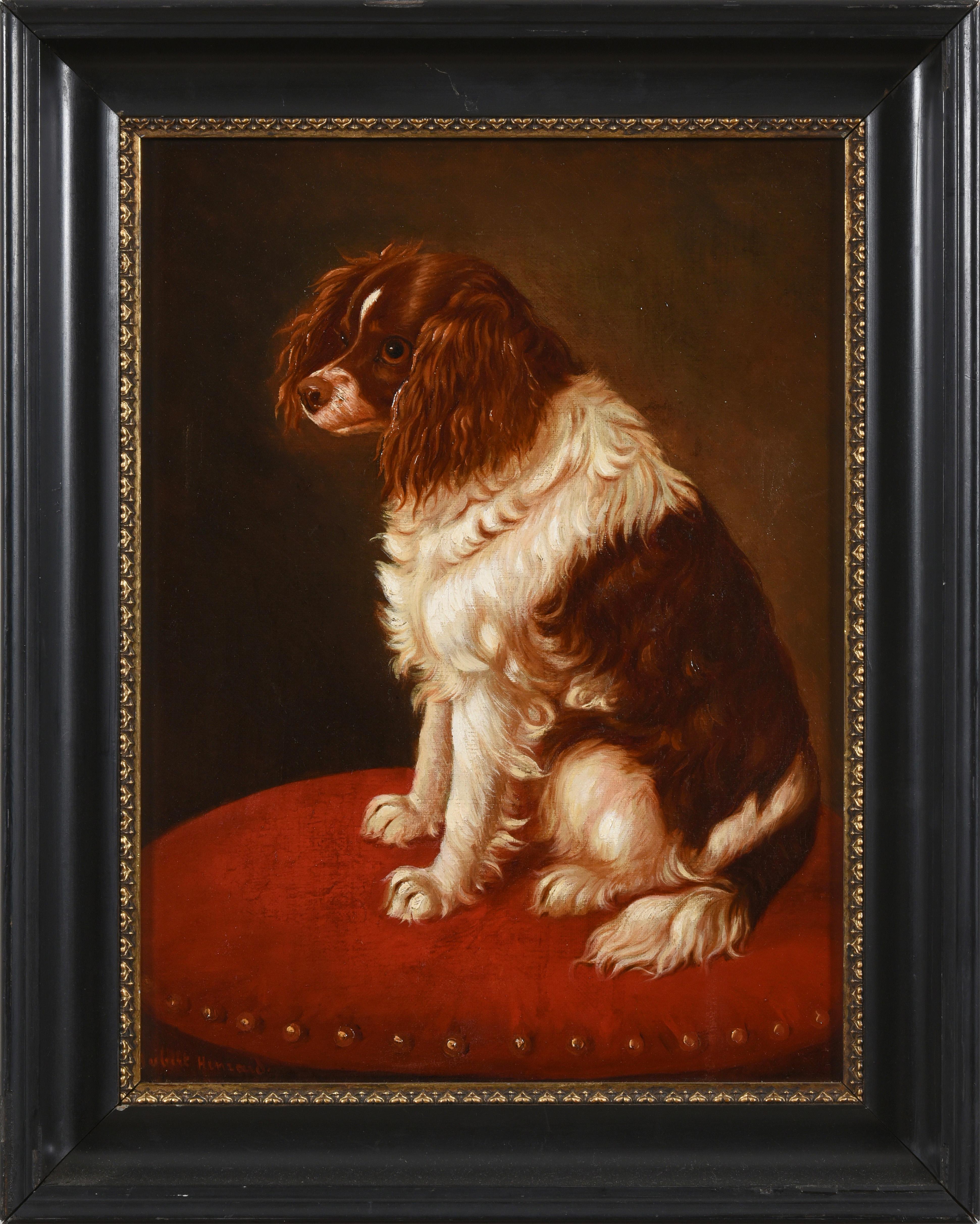 Antikes Hundeporträt "Cavalier King Charles auf einem Kissen" Hubert Henrard ca 1860