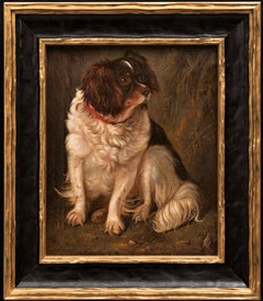 Antique  "Rona" Dog Painting of a Cavalier King Charles 1860 Hubert Henrard (1816-1898)