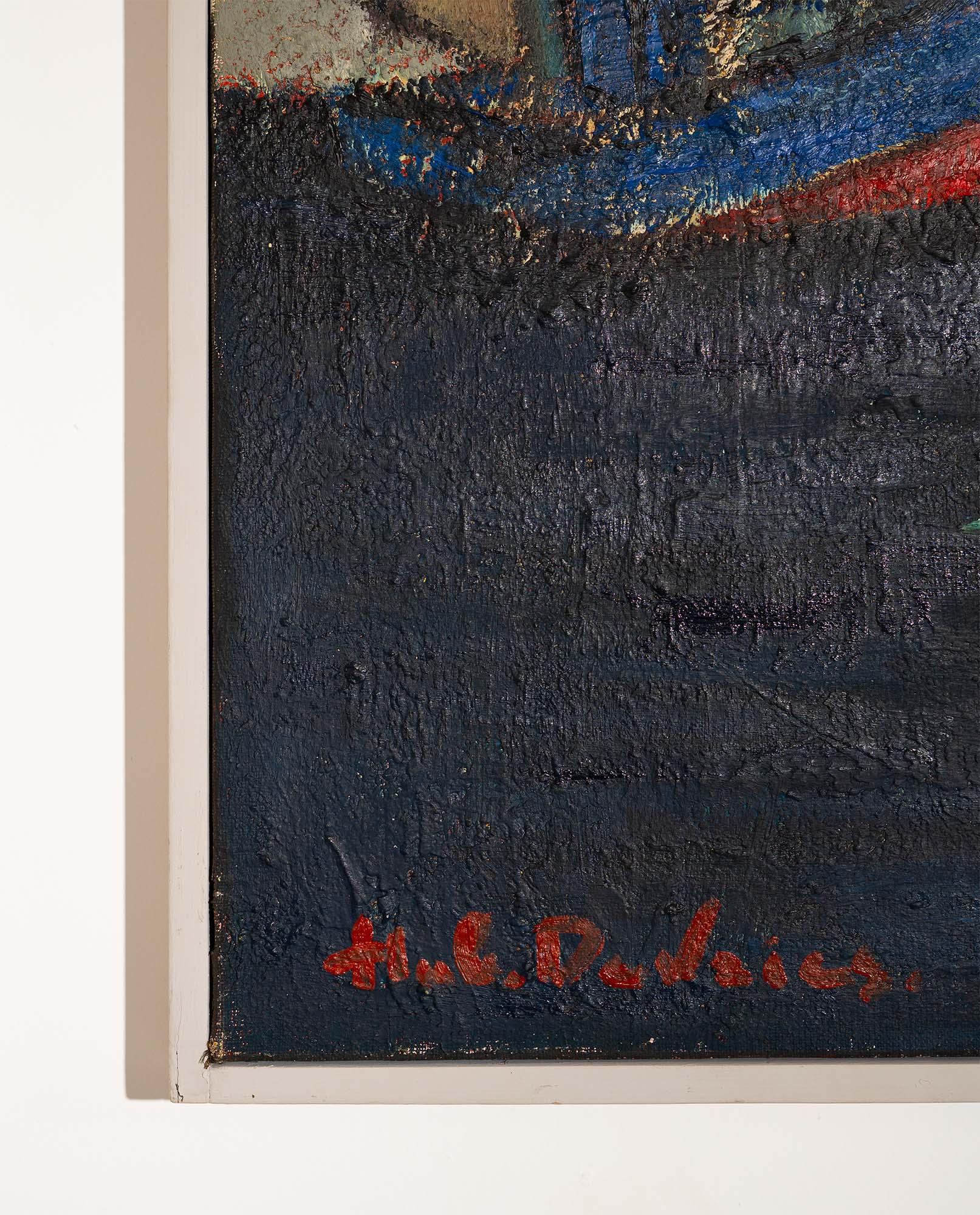 Hubert Henri de Vries (1899-1979), belgischer Künstler, Boote im Hafen, Antwerpen, Leinwand 85 × 100 cm. Das in dominanten Meeresblautönen gehaltene Gemälde zeigt Segelboote, die sanft in ruhigen Gewässern vor Anker liegen. Durch die strukturierte