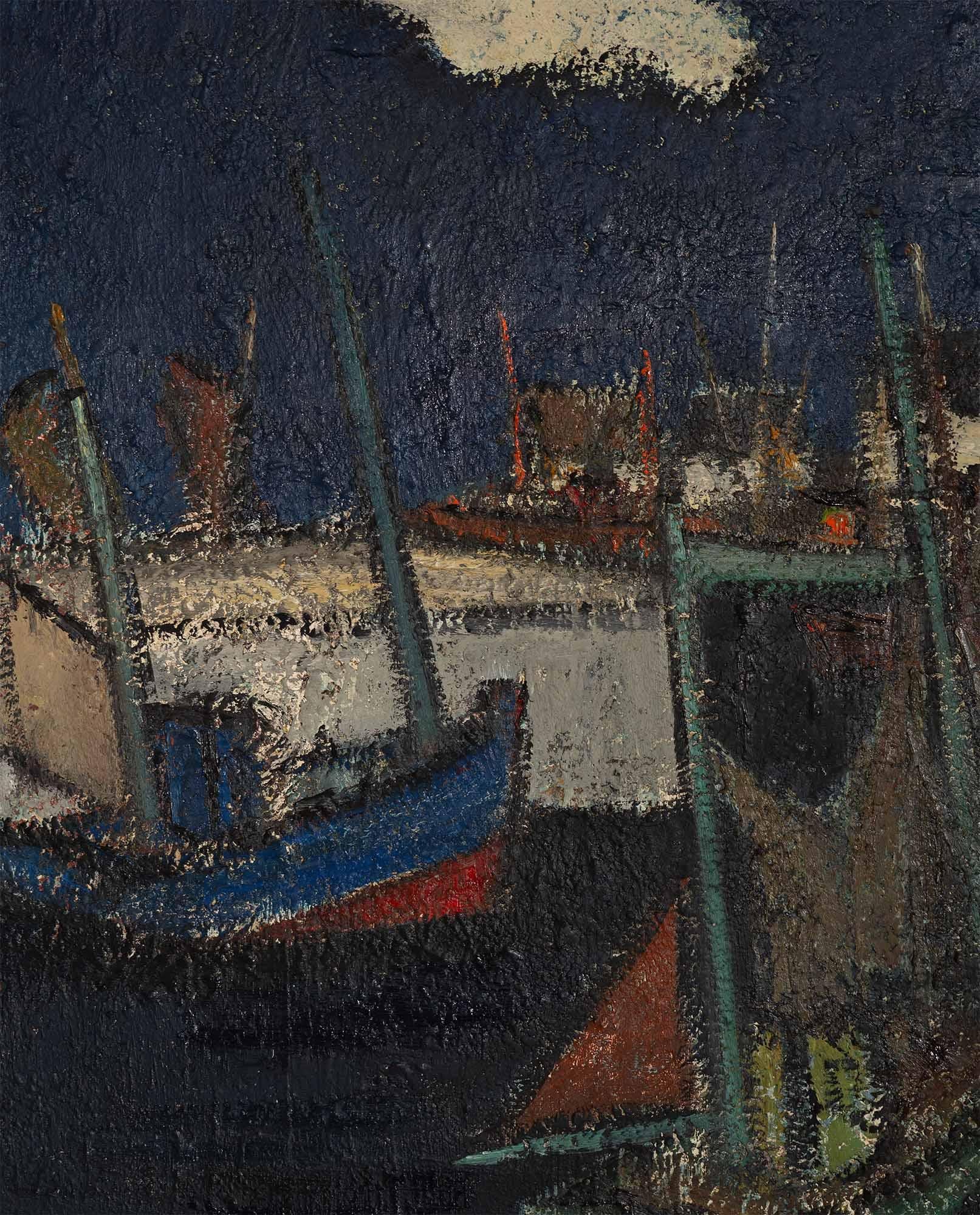 Hubert Henri de Vries (1899‑1979), Boats in the Harbor, Antwerp (Belgisch) im Angebot