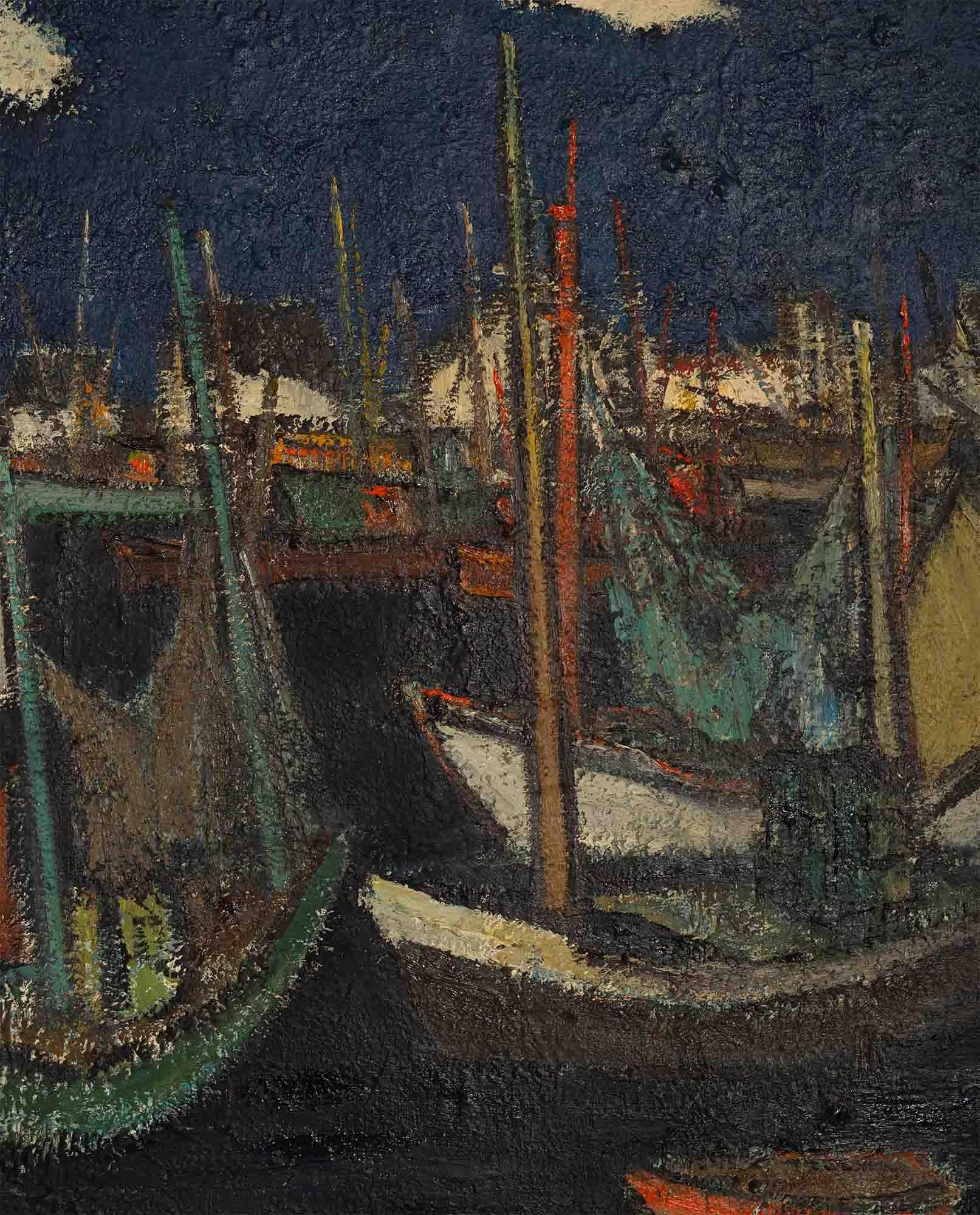 Hubert Henri de Vries (1899‑1979), Boats in the Harbor, Antwerp (Gemalt) im Angebot