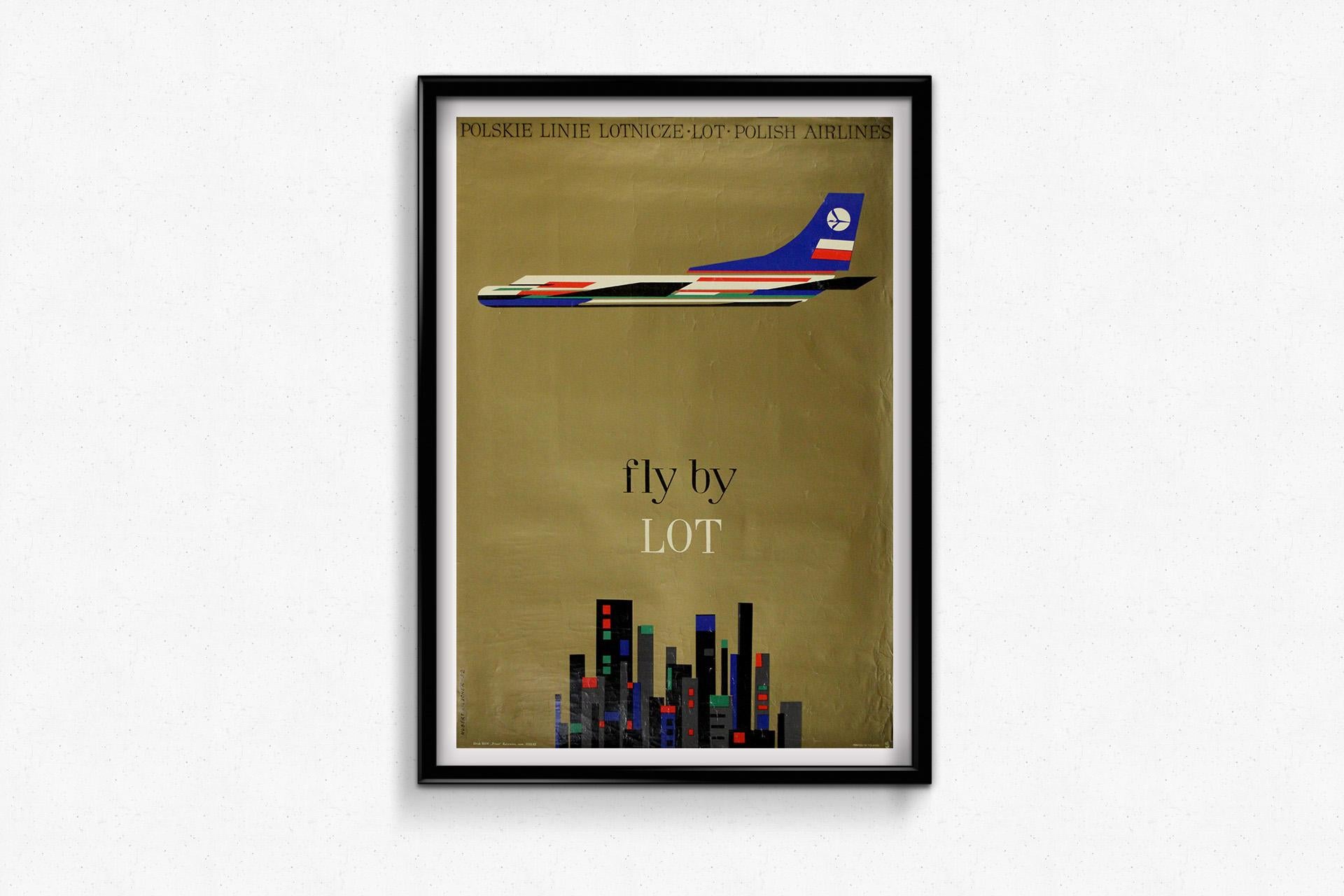 Œuvre remarquable du design moderne du milieu du siècle, cette affiche originale de 1962 pour une compagnie aérienne, réalisée par le graphiste polonais Hubert Hilscher, illustre l'optimisme et l'ambition internationale de l'Europe de