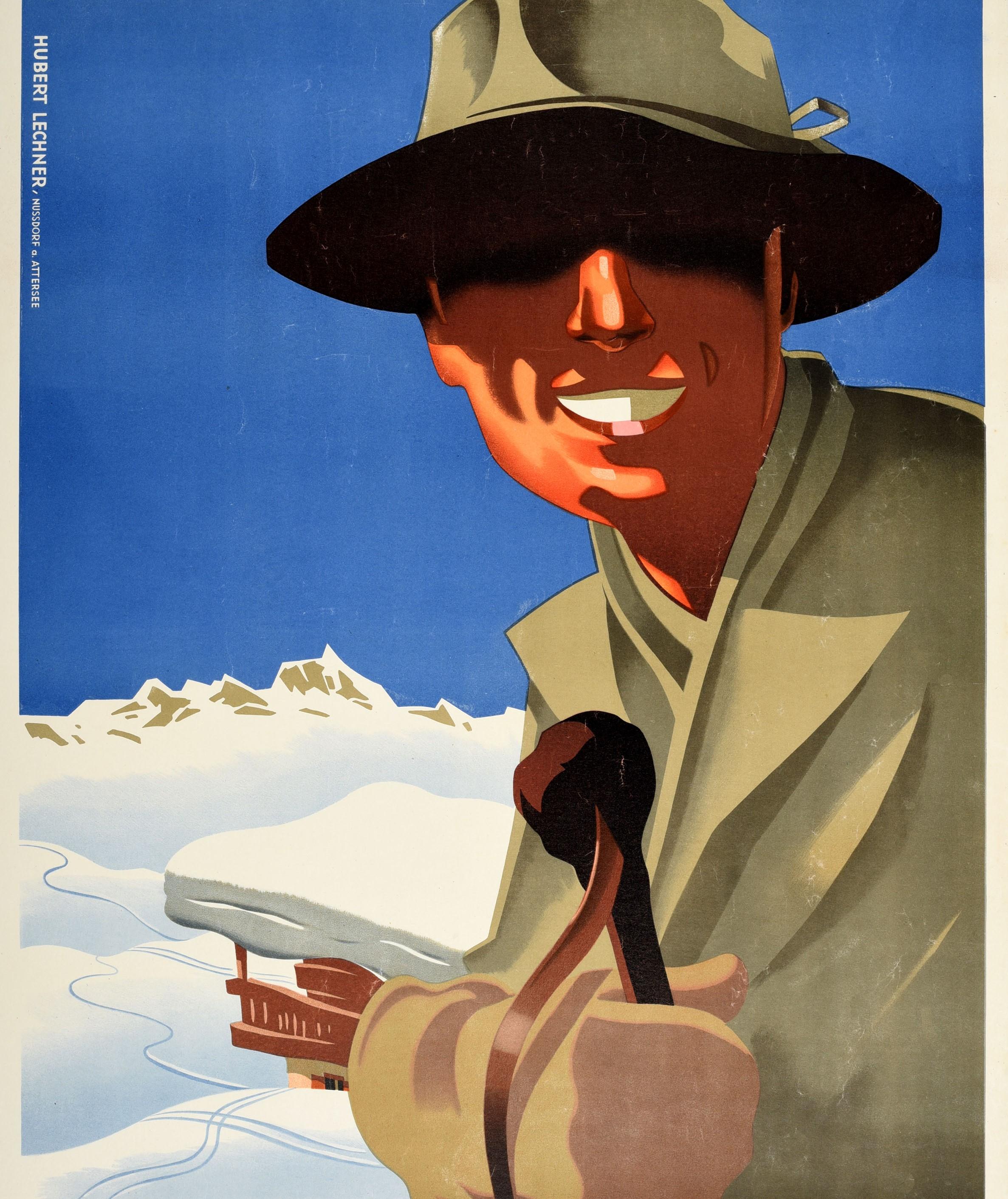 Affiche vintage originale de ski d'hiver, Sports d'hiver, Carinthia, Autriche, Vue de montagne - Marron Print par Hubert Lechner