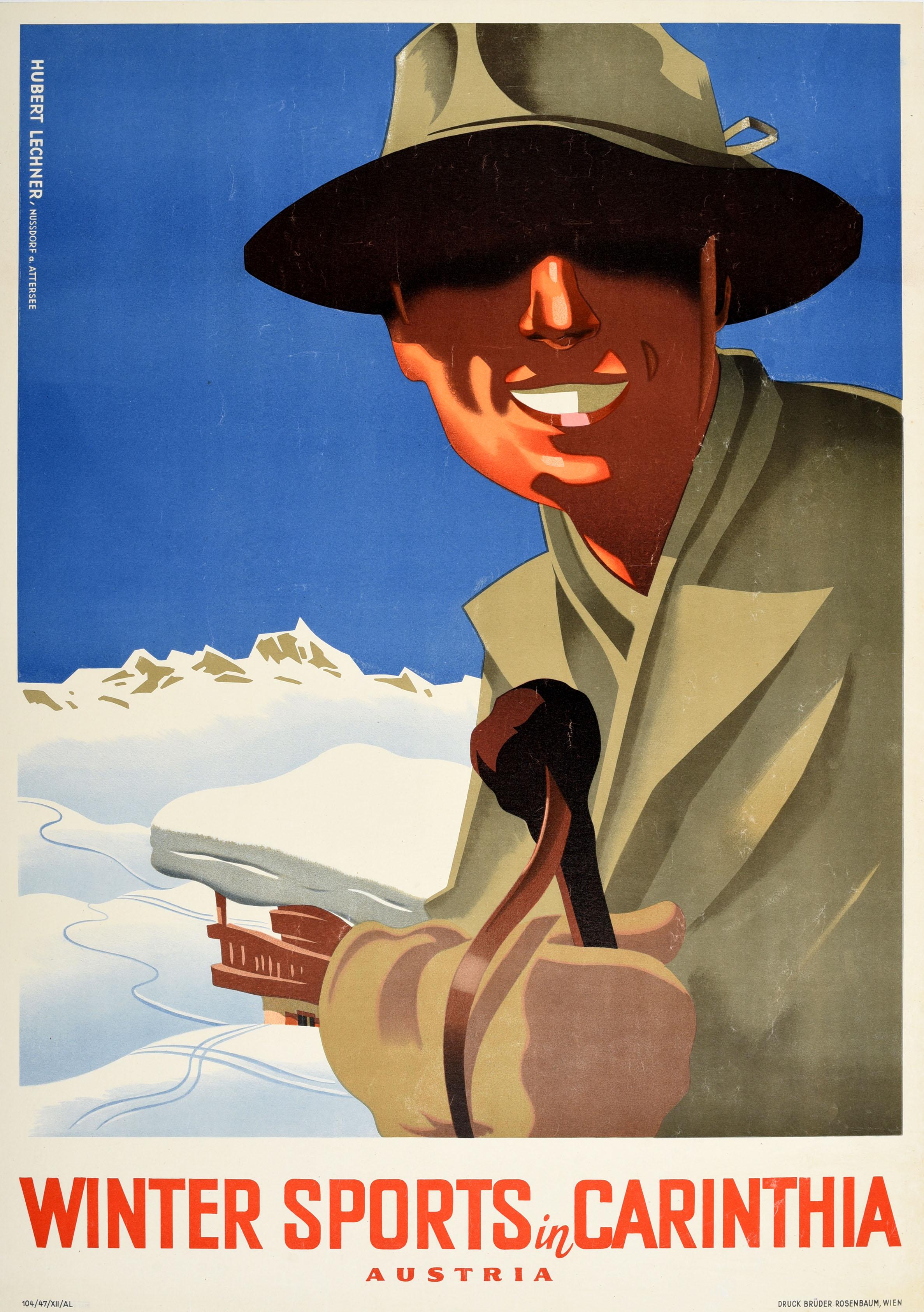 Affiche vintage originale de ski d'hiver, Sports d'hiver, Carinthia, Autriche, Vue de montagne