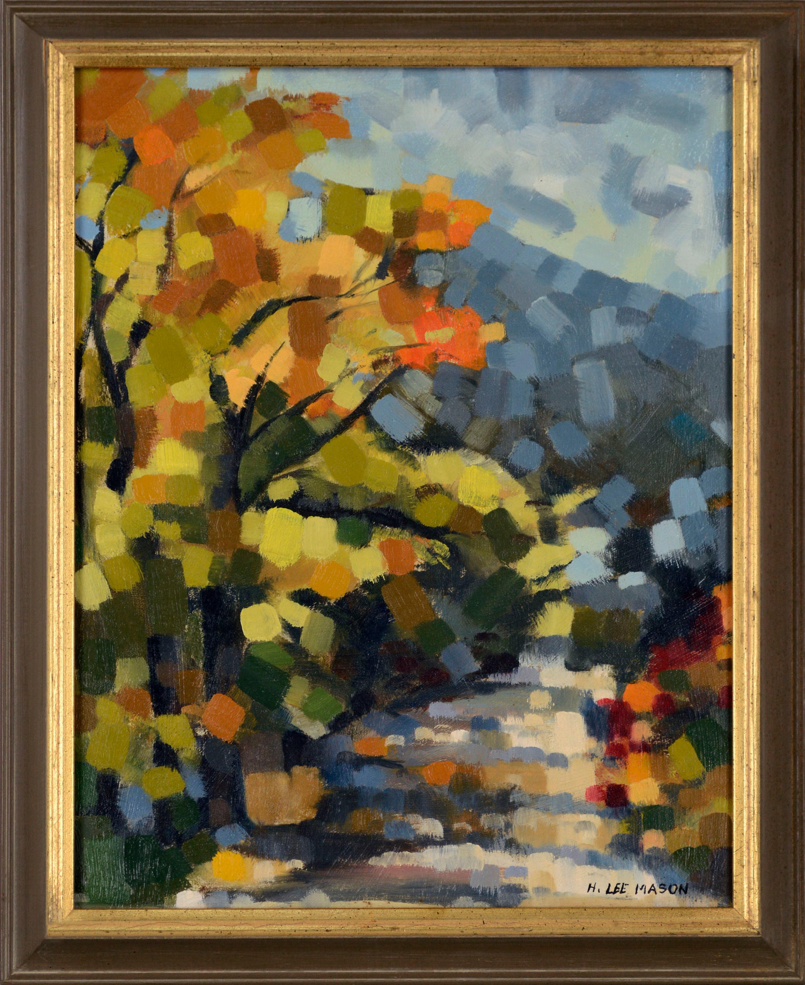 Hubert Lee Mason Abstract Painting - "Taos", Abstracted Colorful Landscape with Mountains and Trees