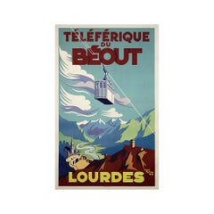 Cartel de viaje original de 1952 de Hubert Mathieu - Téléférique du Béout en Lourdes