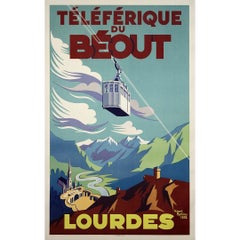 Cartel de viaje original de 1952 de Hubert Mathieu - Téléférique du Béout en Lourdes