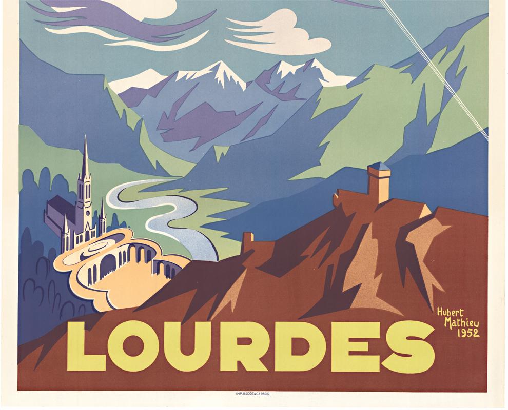 Lourdes Teleferique du Beout Originales französisches Vintage-Reiseplakat (Grau), Landscape Print, von Hubert Mathieu