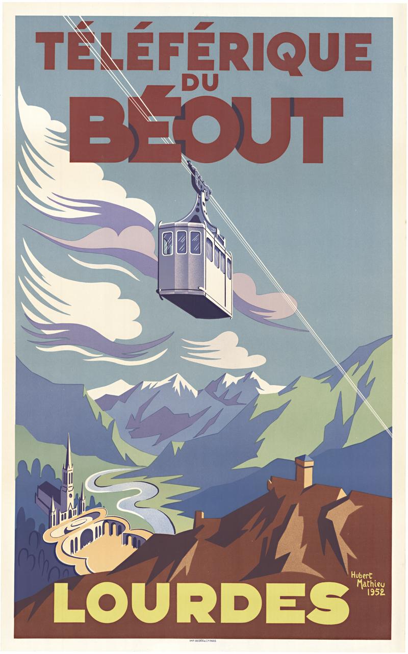 Hubert Mathieu Landscape Print - Lourdes Teleferique du Beout original vintage French travel poster