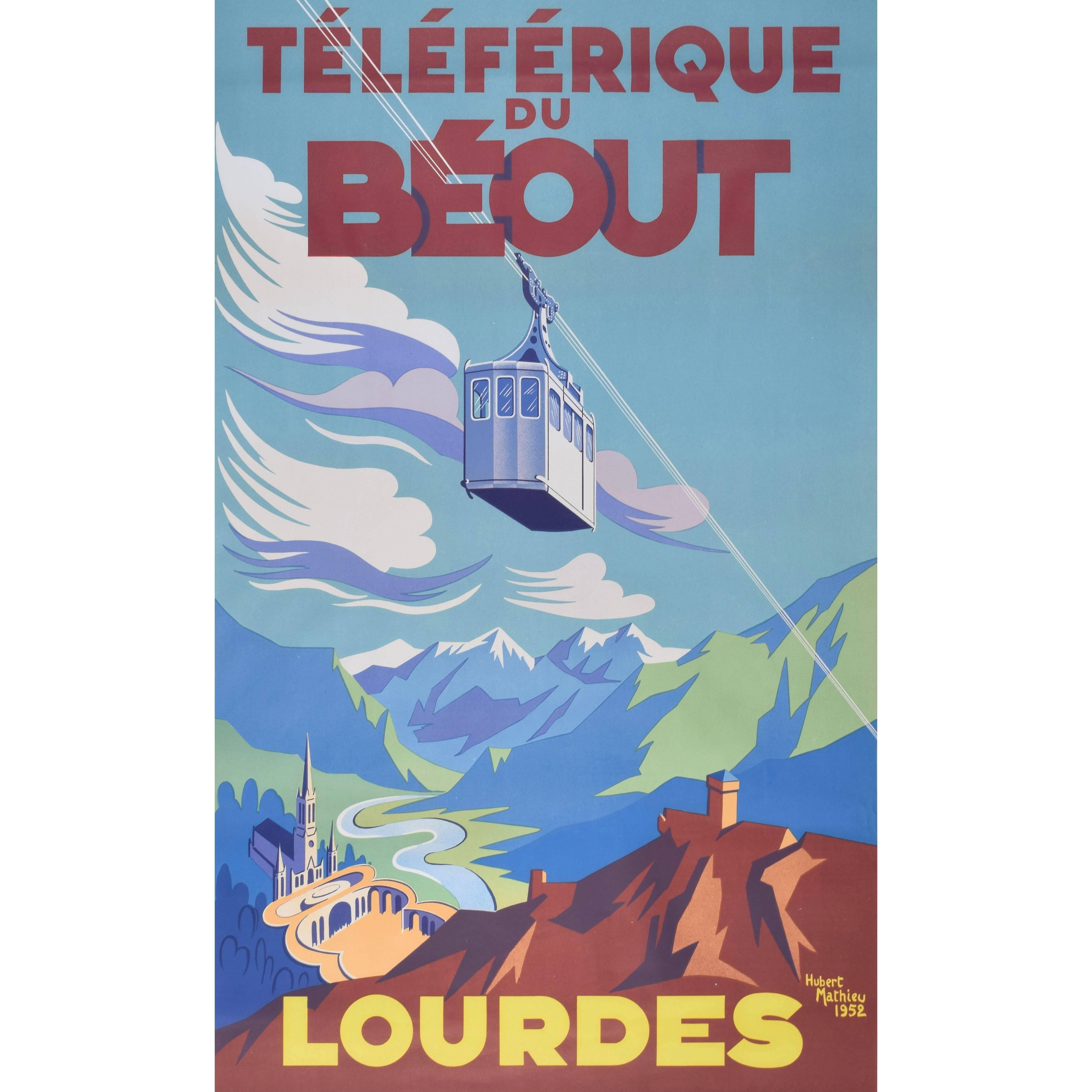 Hubert Mathieu
Fernschreiben des Beutestücks Lourdes (1952)
Lithografisches Plakat
100 x 62 cm

Eine Seilbahn, die die Besucher auf den Gipfel von Le Béout in Lourdes bringt, erhebt sich über den traditionellen katholischen Wallfahrtsort - und das
